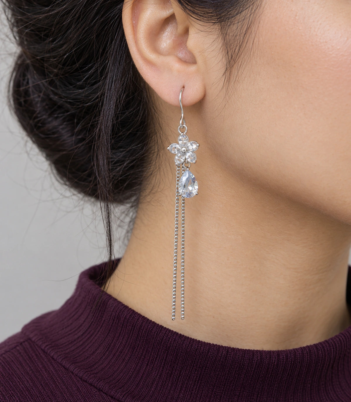 JIMIKI Silver Tone Rounded Flower Pear Twin Chain Earring Pair in Silver-tone, close-up detail