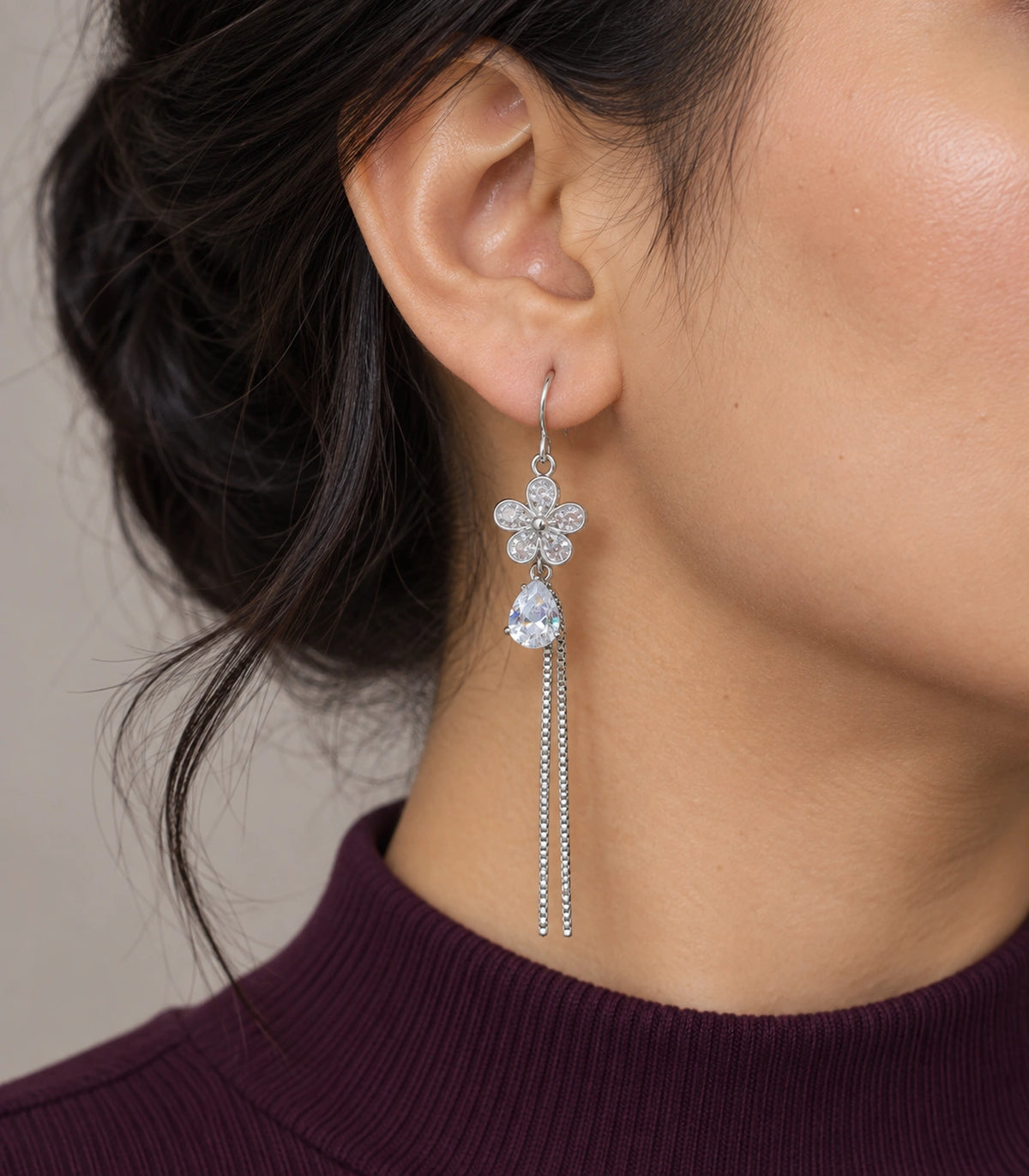 JIMIKI Silver Tone Rounded Flower Pear Twin Chain Earring Pair in Silver-tone, model wearing view