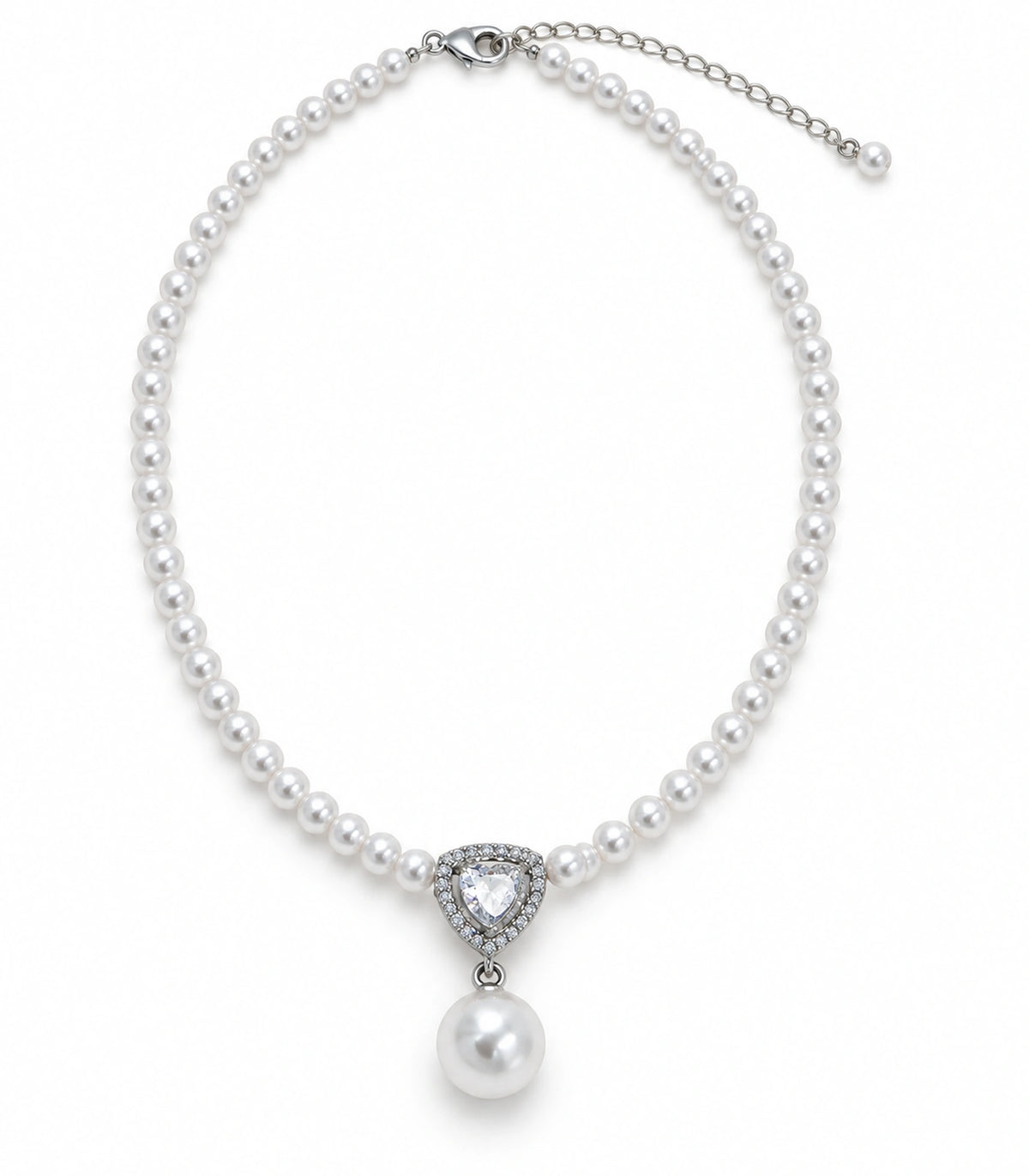 JIMIKI Silver Tone Shield Crystal Pearl Drop Necklace in Silver / White, white background product view