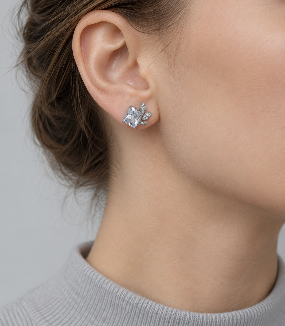 JIMIKI Silver-Tone Square Crystal Three-Leaf Stud Earrings in Silver / Clear, model wearing view