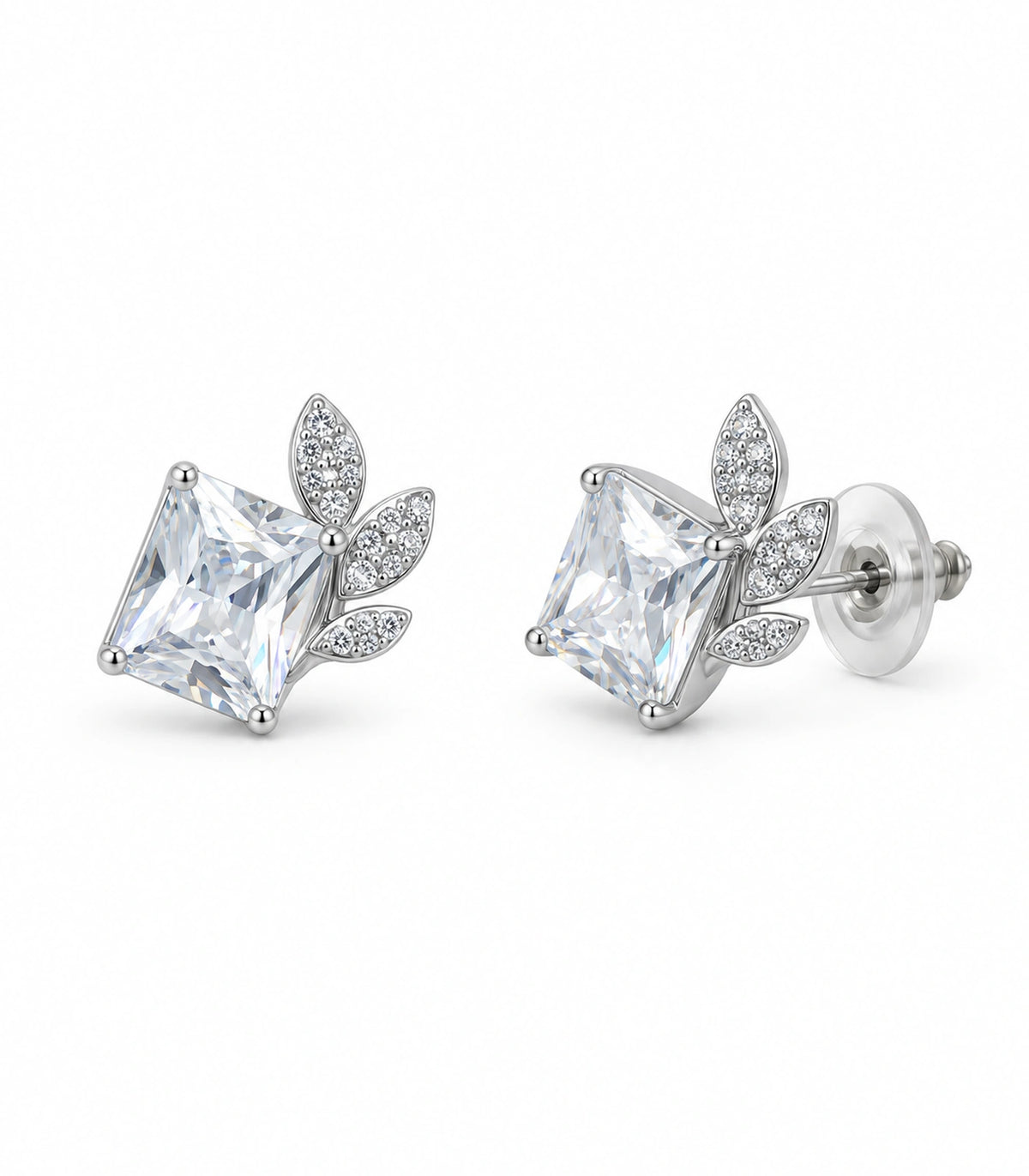 JIMIKI Silver-Tone Square Crystal Three-Leaf Stud Earrings in Silver / Clear, white background product view