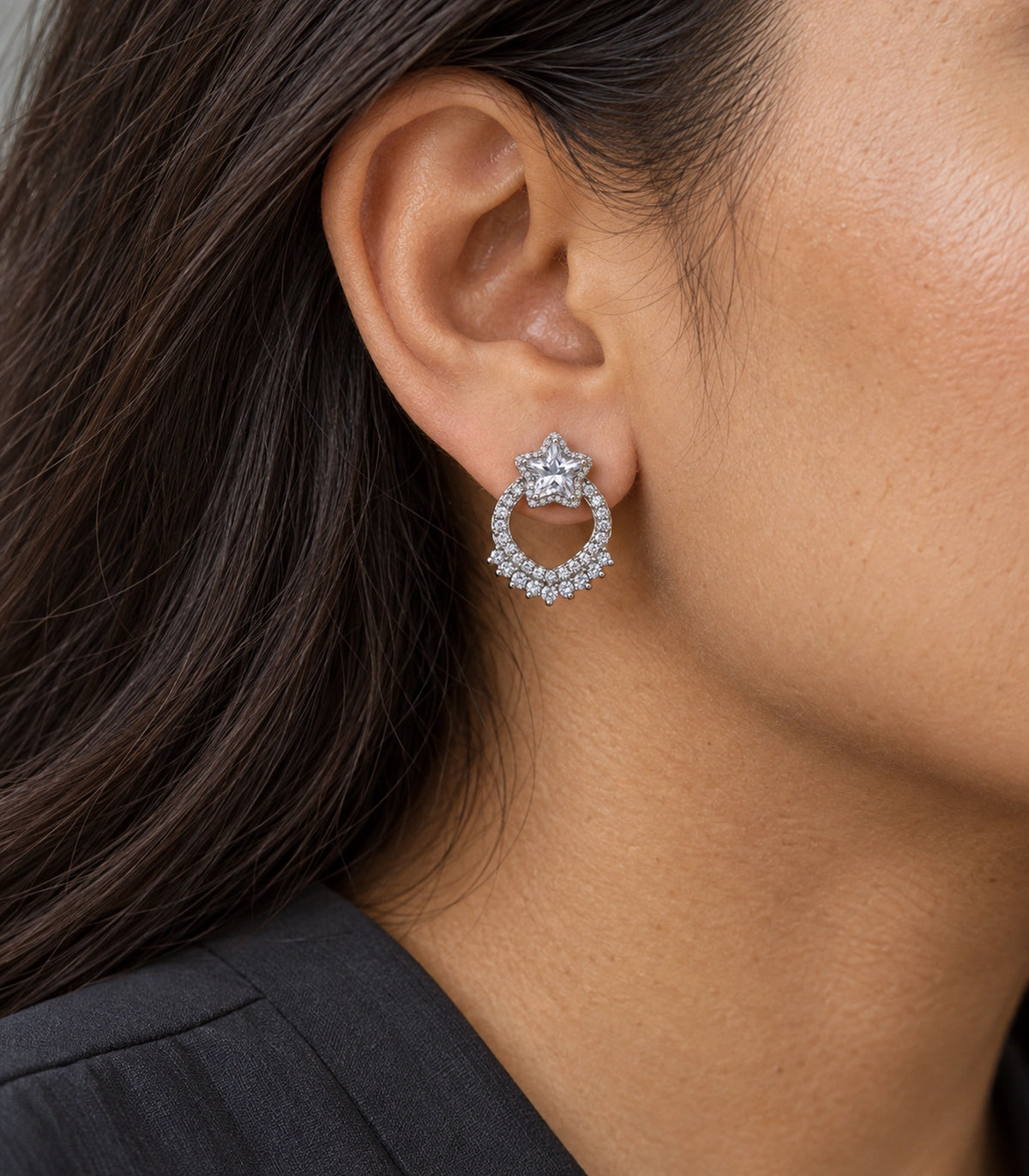 JIMIKI Star Crystal Open Loop Stud Earring Pair in Silver Tone, close-up detail #color_silver tone