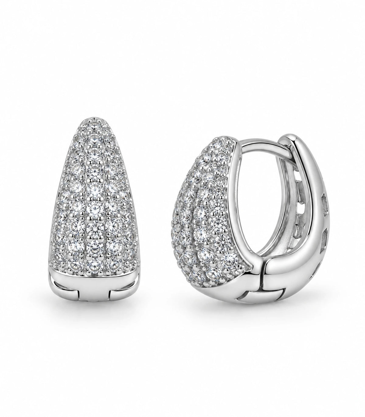 JIMIKI Silver tapered pave huggie hoop earrings, matching pair on white background #color_silver