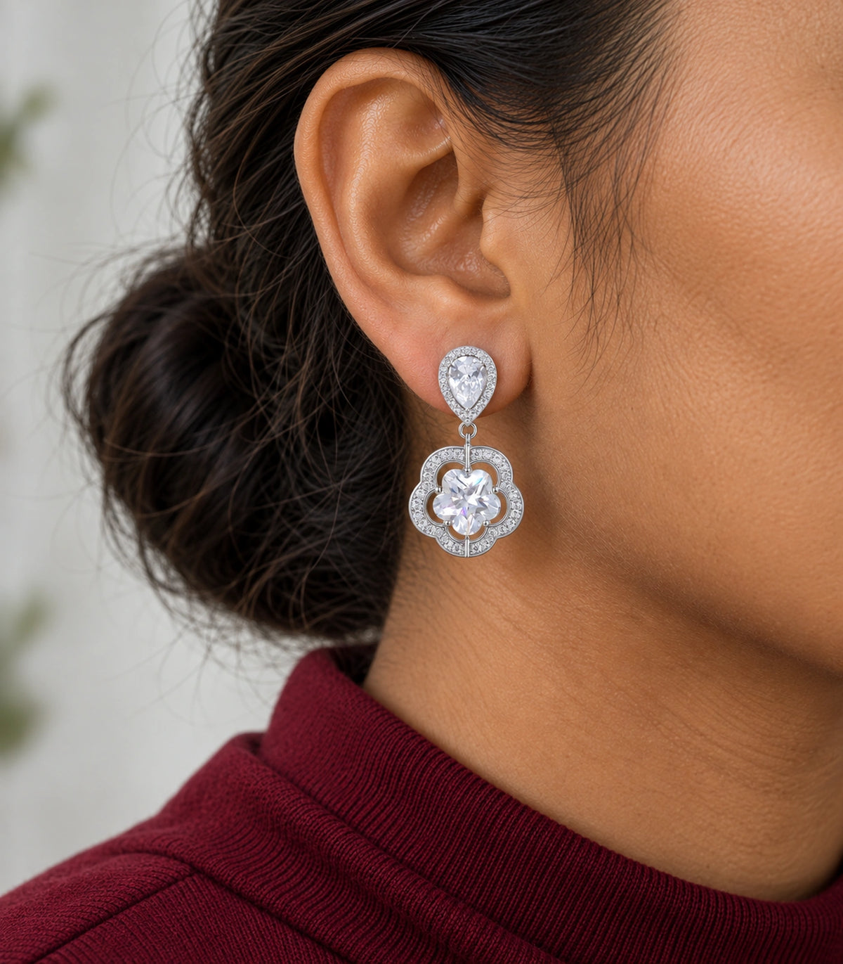 JIMIKI Teardrop Flower Crystal Drop Earring Pair in Silver-tone, close-up detail #color_silver-tone