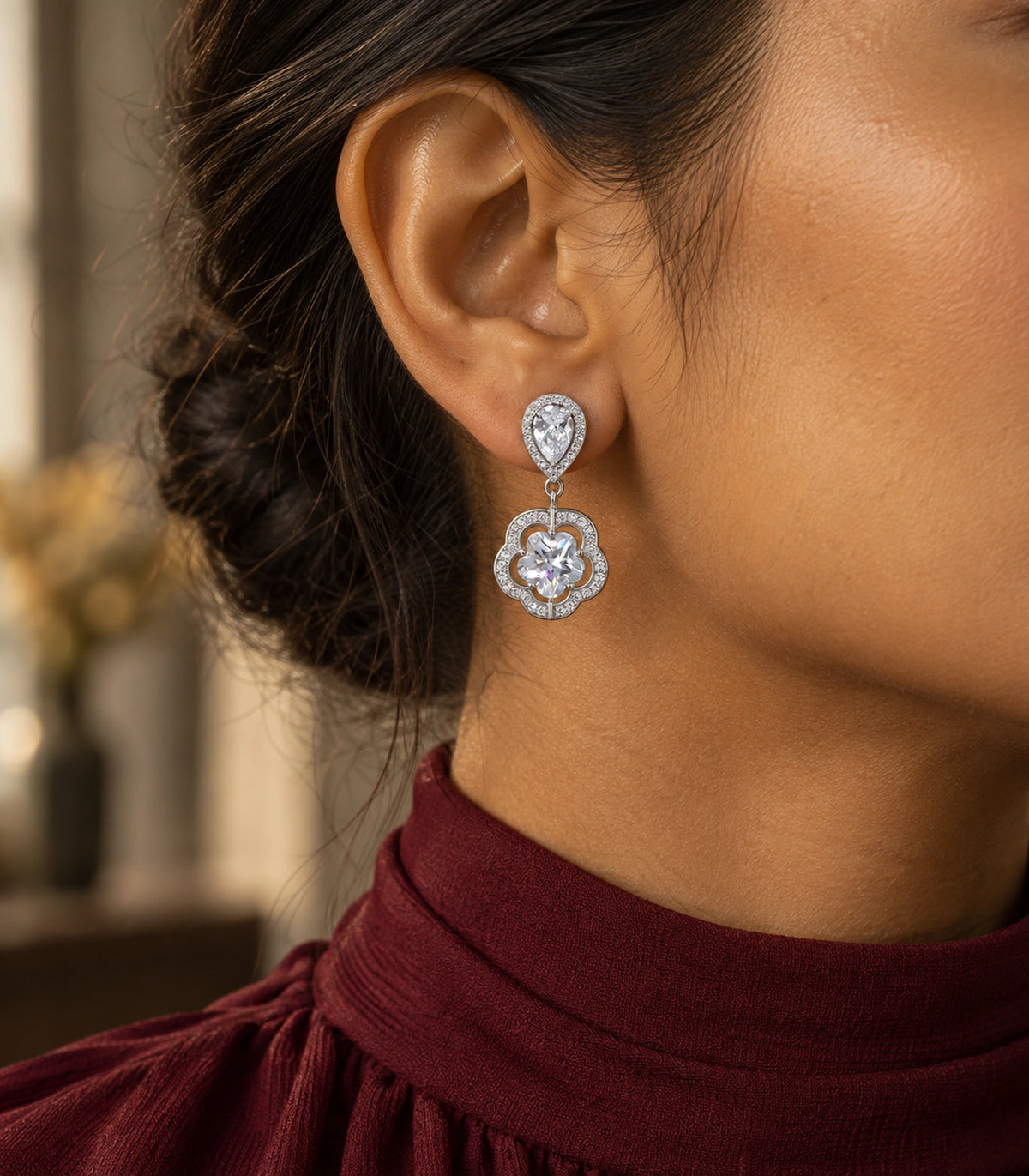 JIMIKI Teardrop Flower Crystal Drop Earring Pair in Silver-tone, editorial model view #color_silver-tone