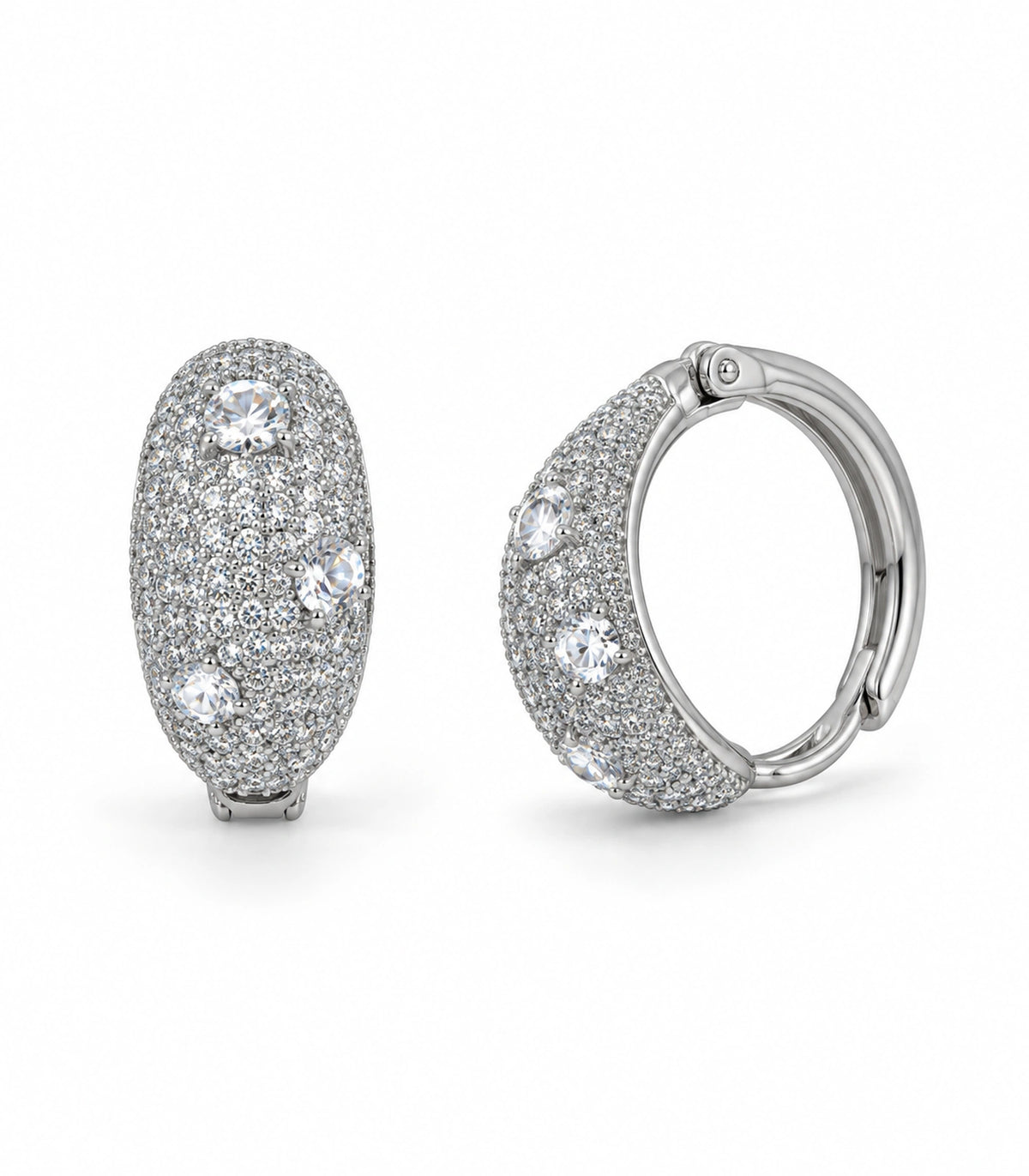 JIMIKI Three Crystal Domed Pave Hoop Earring Pair in Silver Tone, white background product view #color_silver tone