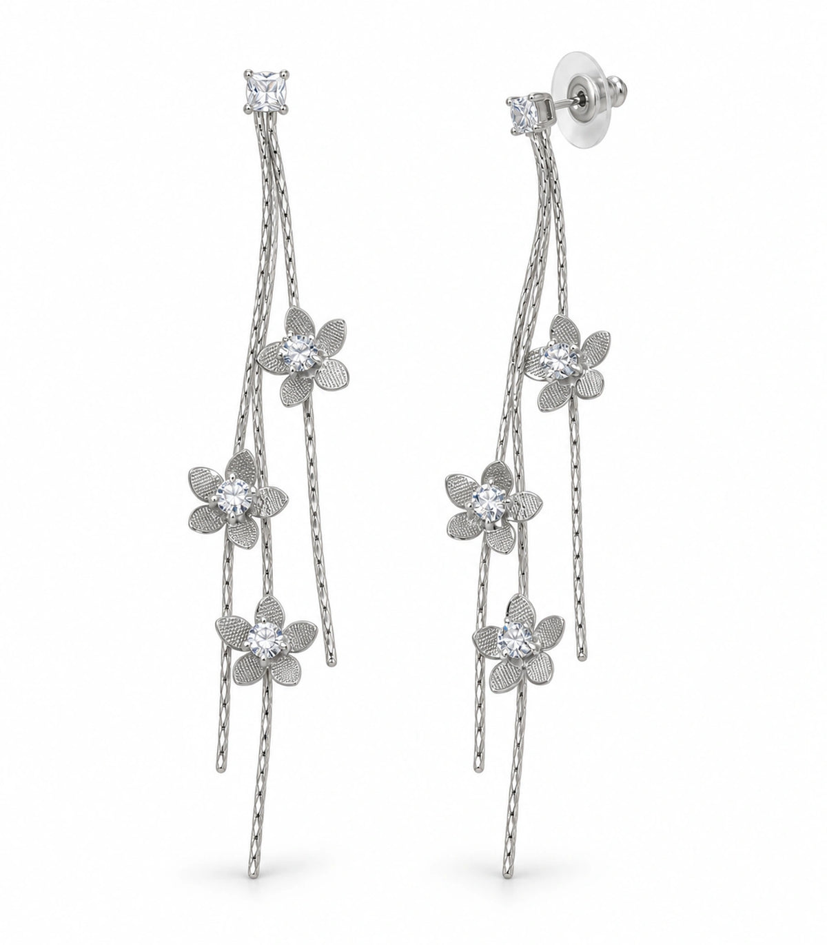JIMIKI Silver Tone Three Flower Triple Chain Stud Earring Pair in Silver-tone, white background product view