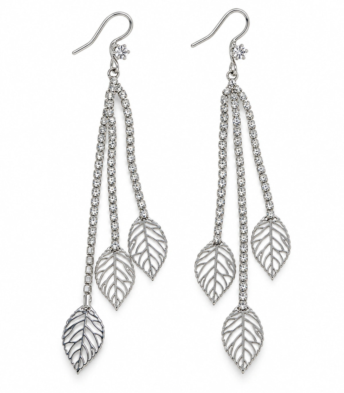 JIMIKI Silver Tone Three Leaf Crystal Tassel Earring Pair in Silver-tone, white background product view