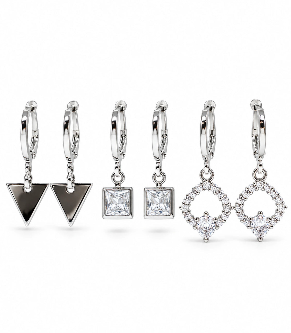 Complete silver-tone three-pair earring set with triangle, square clear crystal and open diamond charm hoops, six earrings