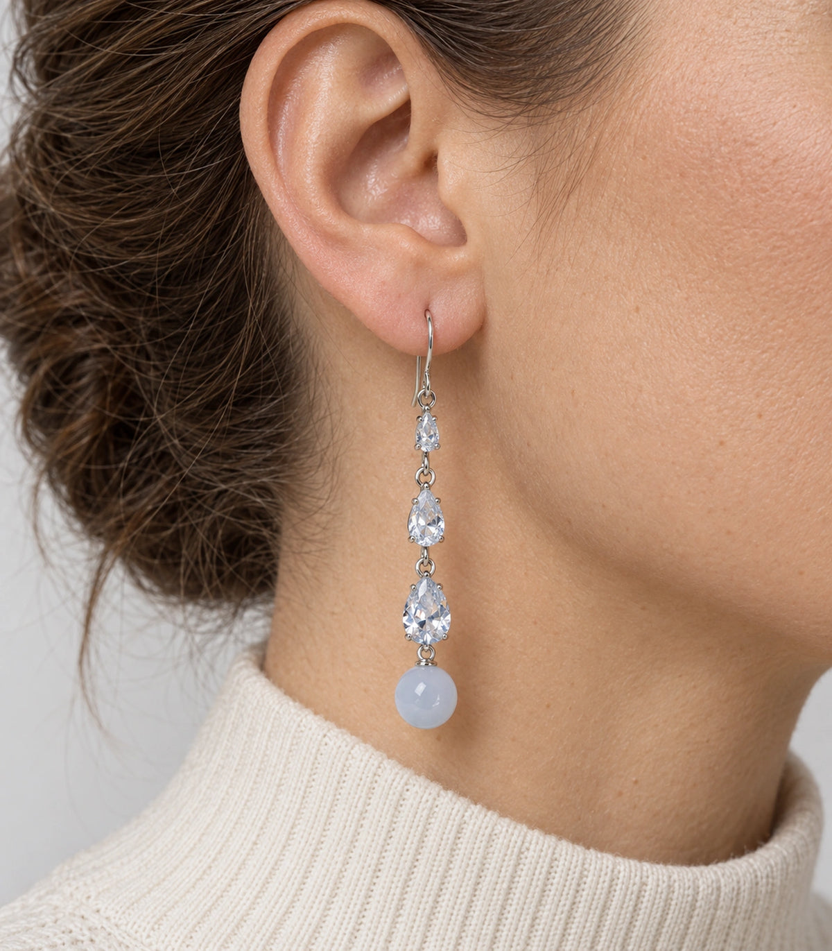 JIMIKI Silver Tone Three Pear White Bead Drop Earring Pair in Silver-tone, close-up detail
