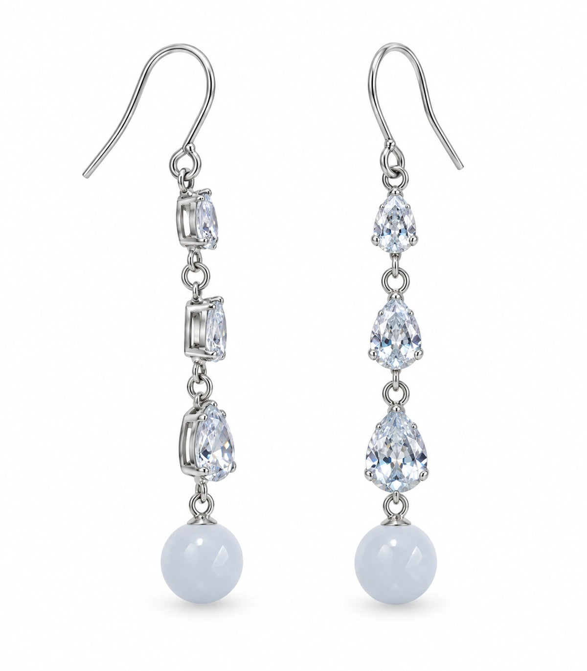 JIMIKI Silver Tone Three Pear White Bead Drop Earring Pair in Silver-tone, white background product view
