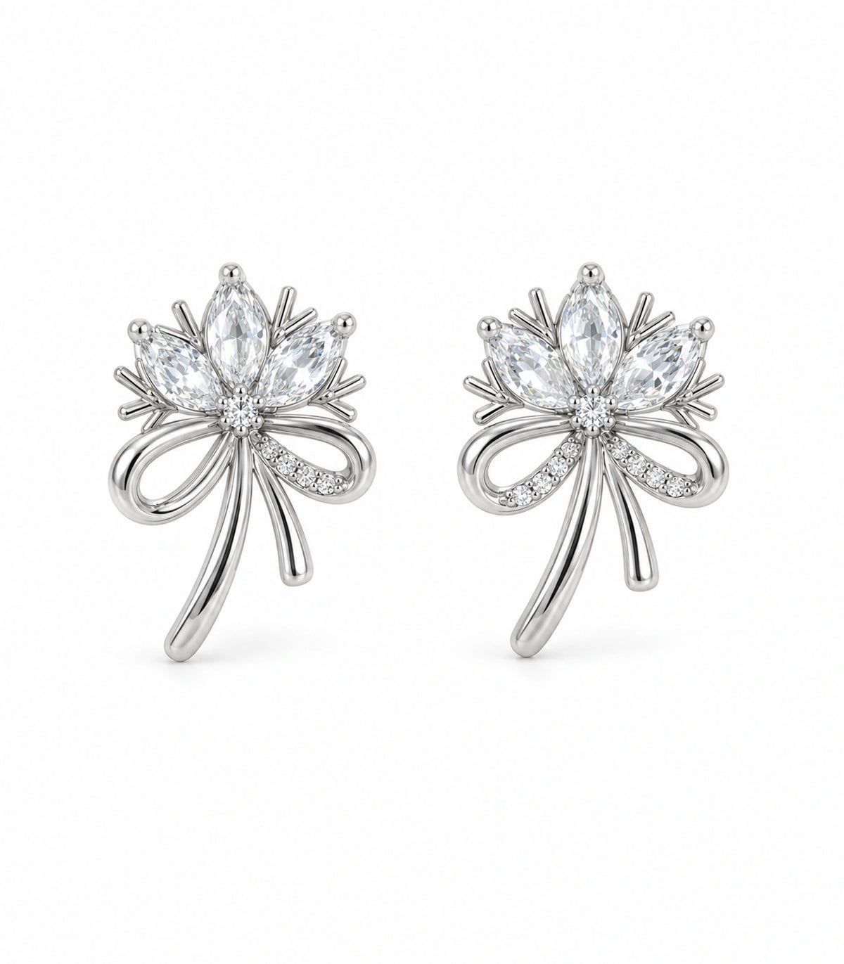 JIMIKI Silver-Tone Three-Petal Crystal Flower Bow Stud Earrings in Silver / Clear, white background product view