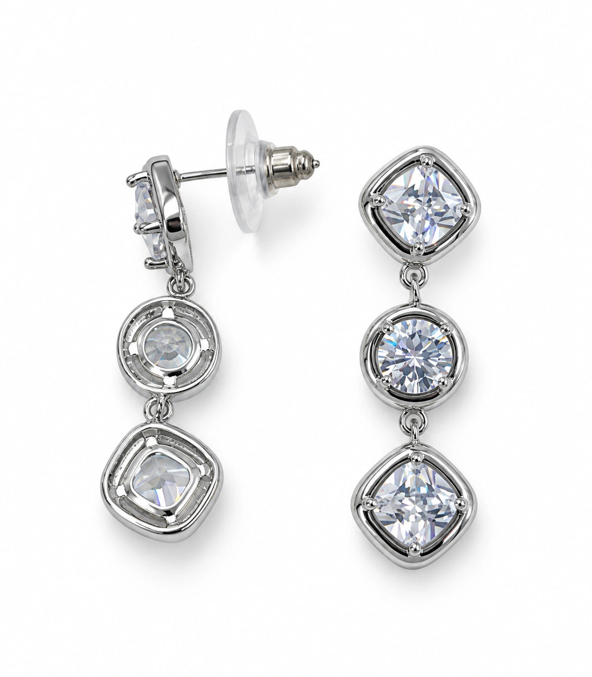 JIMIKI Three Stone Crystal Drop Earring Pair in Silver tone, white background product view #color_silver tone