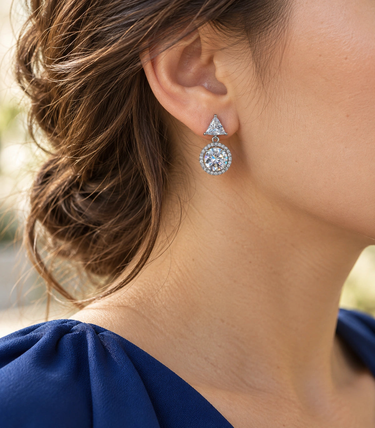 JIMIKI Triangle Round Halo Crystal Drop Earring Pair in Silver Tone, editorial model view #color_silver tone