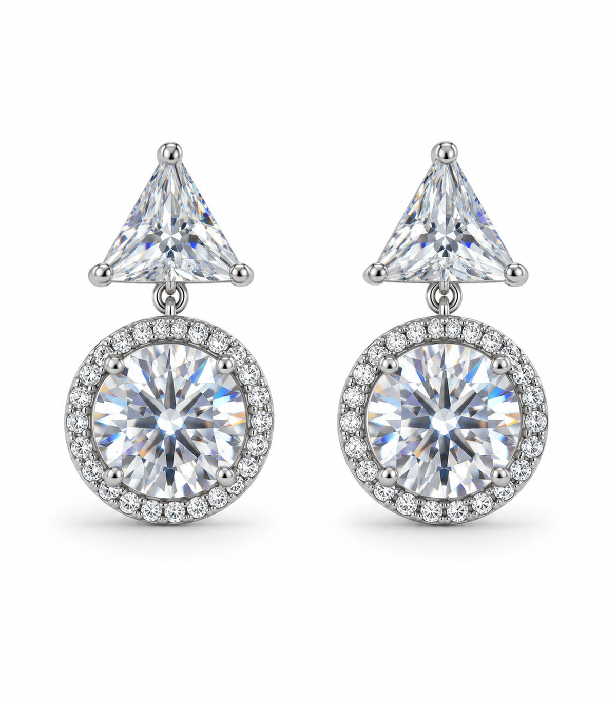 JIMIKI Triangle Round Halo Crystal Drop Earring Pair in Silver Tone, white background product view #color_silver tone