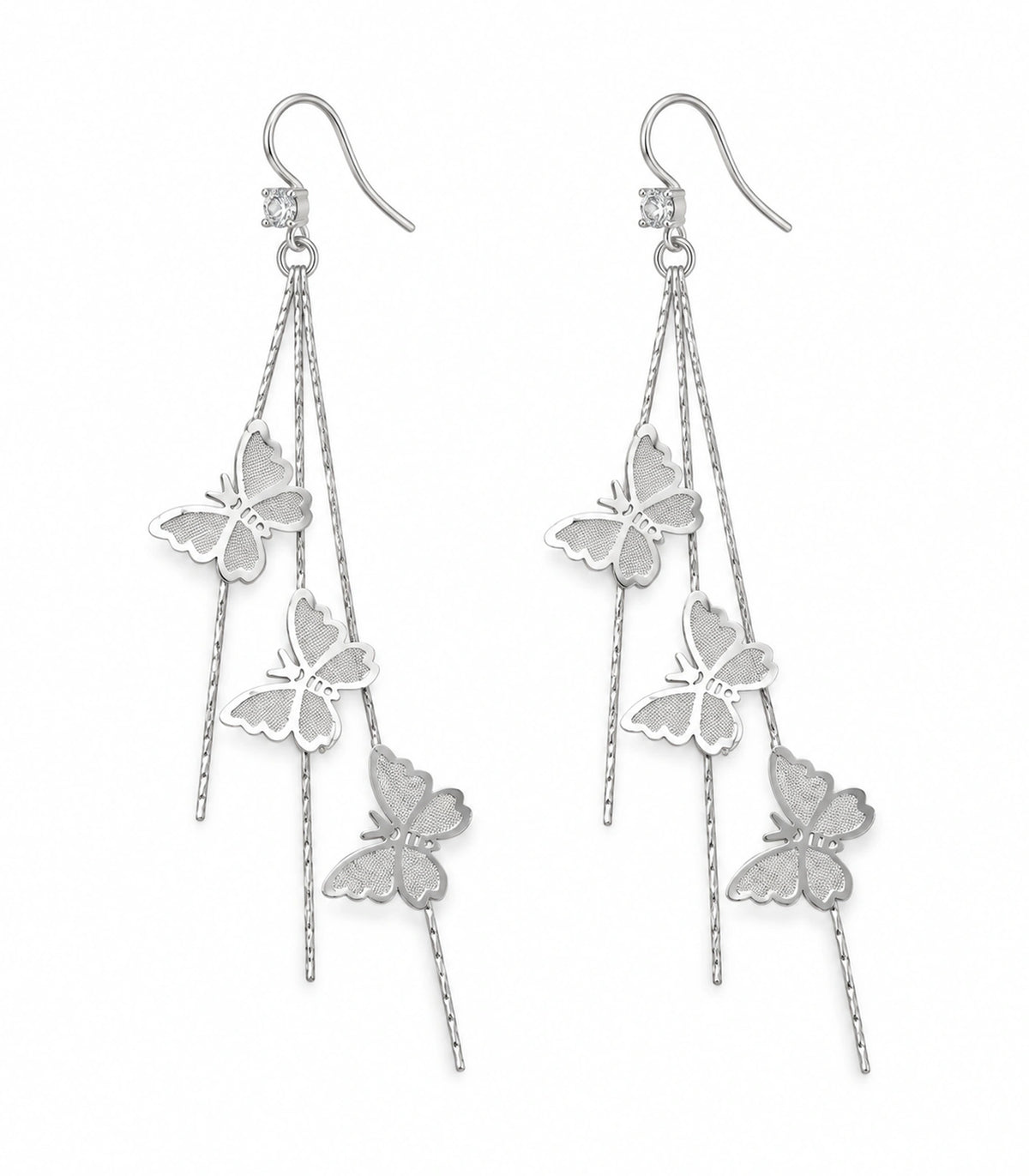 JIMIKI Silver-Tone Triple Butterfly Chain Drop Earrings in Silver Tone, white background product view
