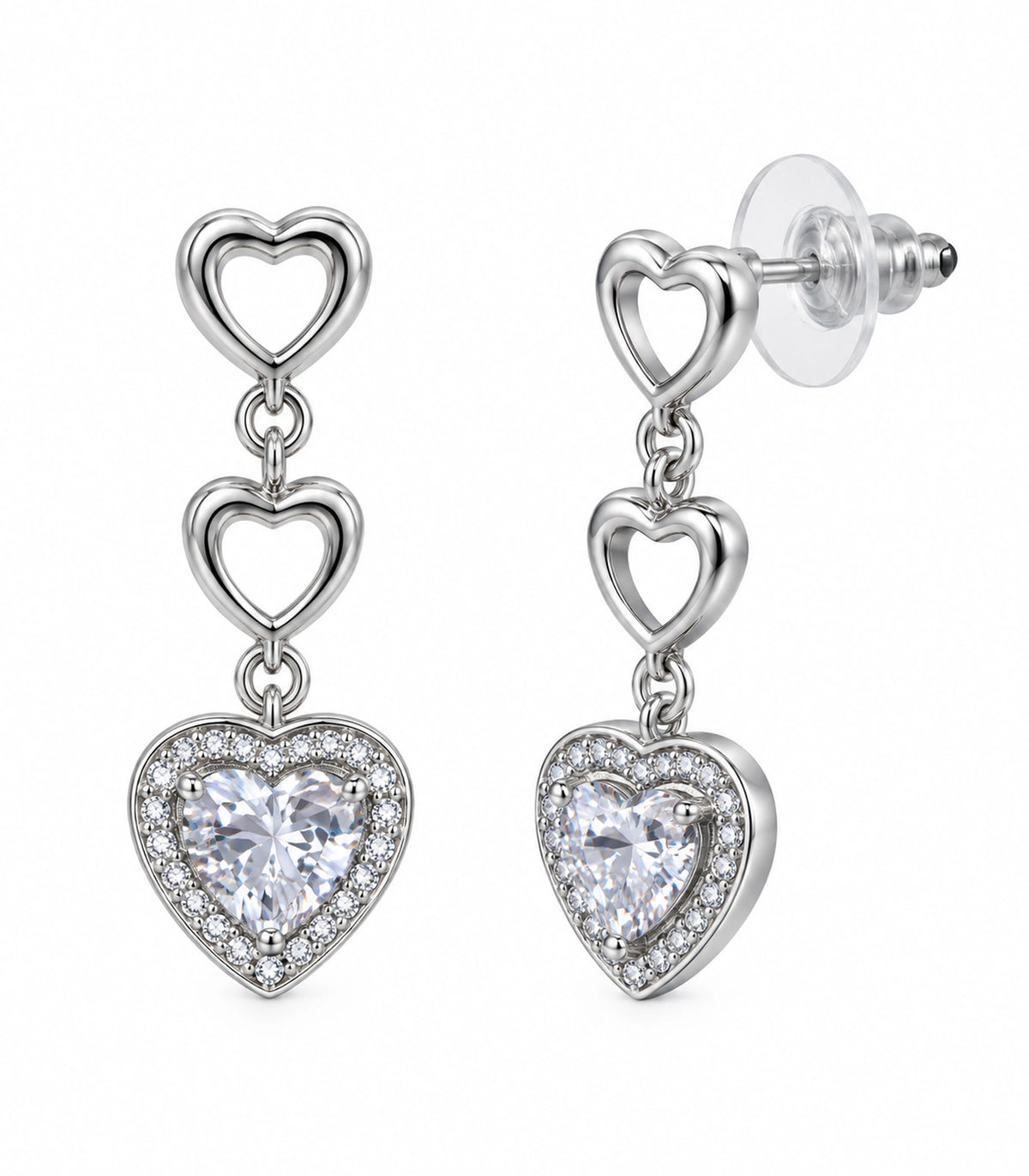 JIMIKI Triple Heart Crystal Drop Earring Pair in Silver tone / clear, white background product view #color_silver tone / clear