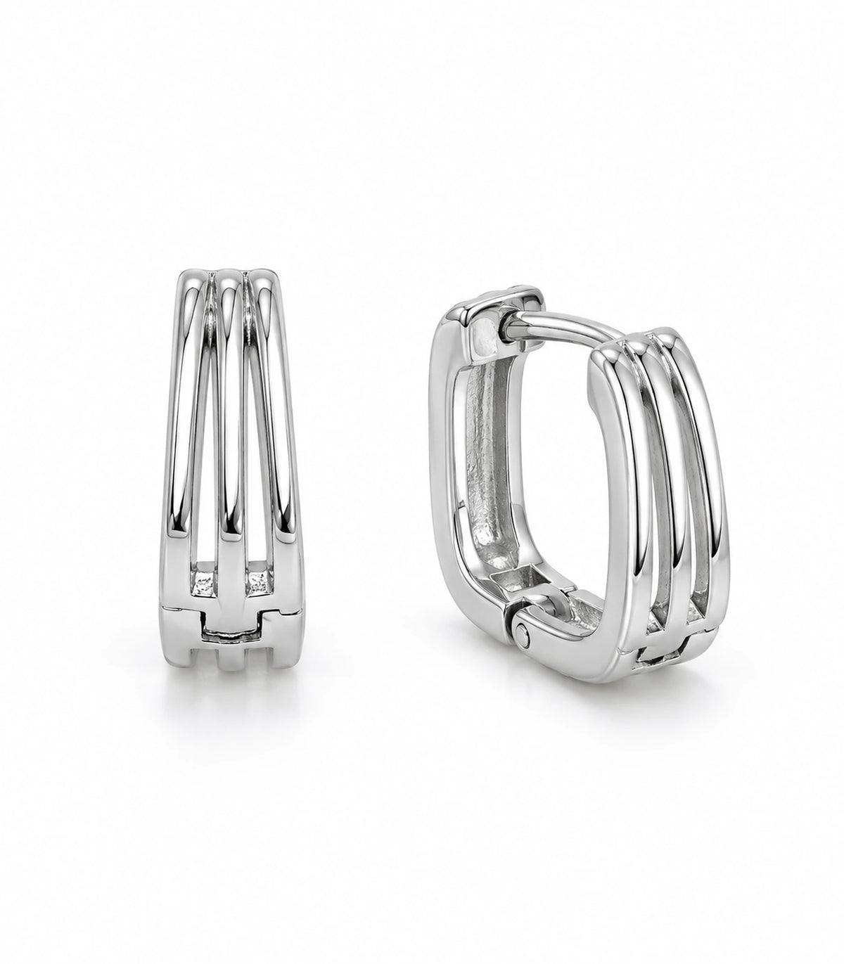 JIMIKI Silver Triple Open Rail Huggie Hoop Earrings, matching pair on white background #color_silver