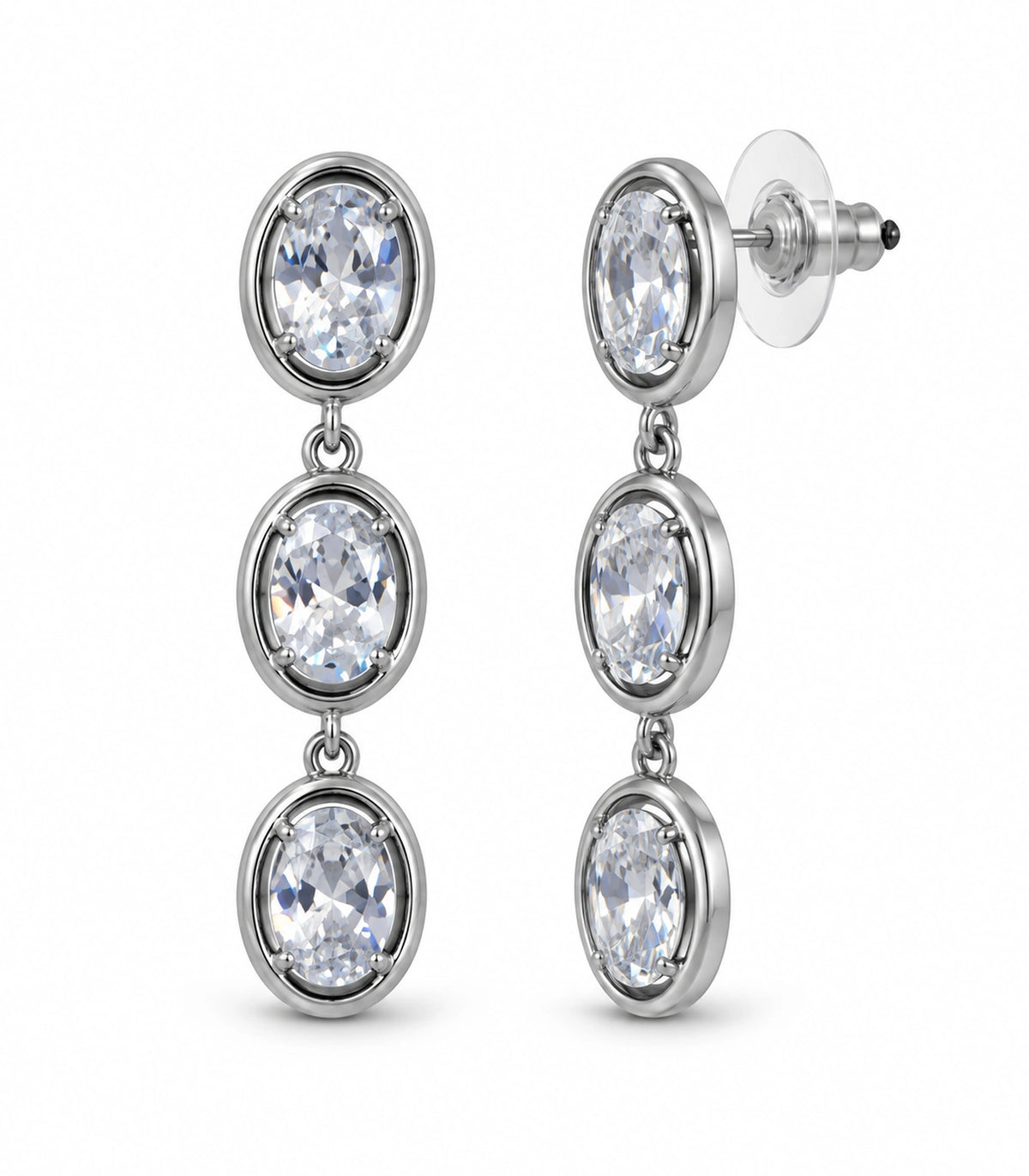 JIMIKI Triple Oval Crystal Drop Earring Pair in Silver tone, white background product view #color_silver tone