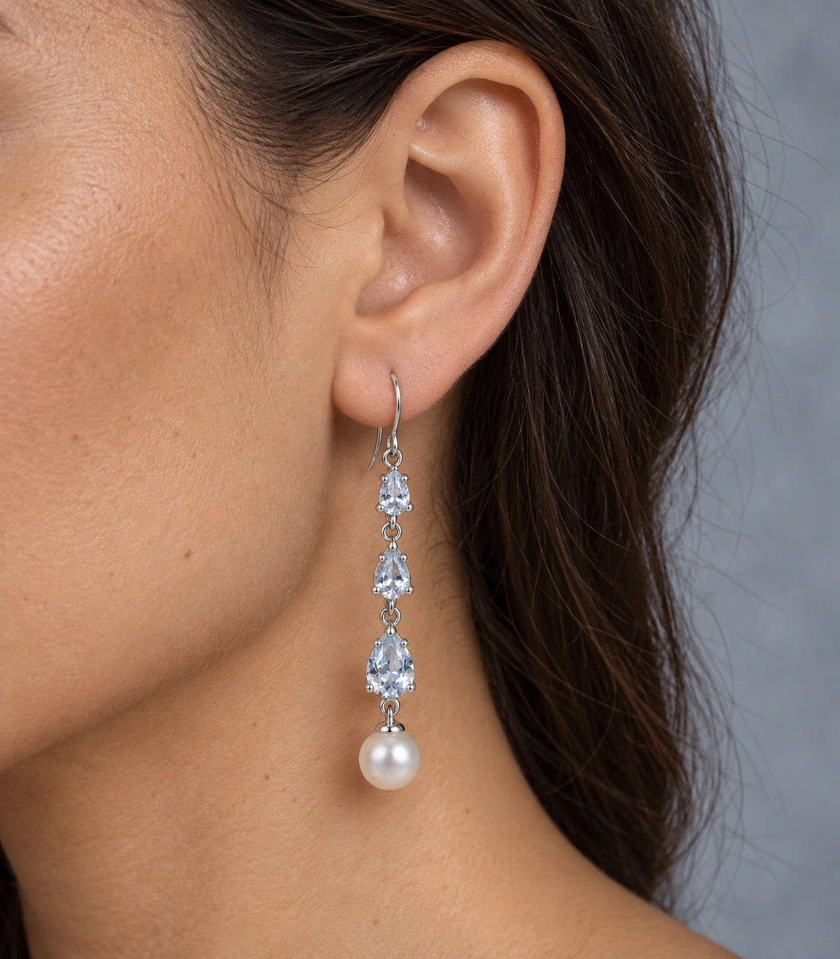 JIMIKI Silver-Tone Triple Pear Crystal Pearl Drop Earrings in Silver Tone, close-up detail