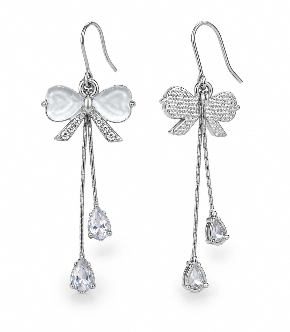 JIMIKI Silver Tone White Bow Twin Pear Chain Earring Pair in Silver-tone, white background product view