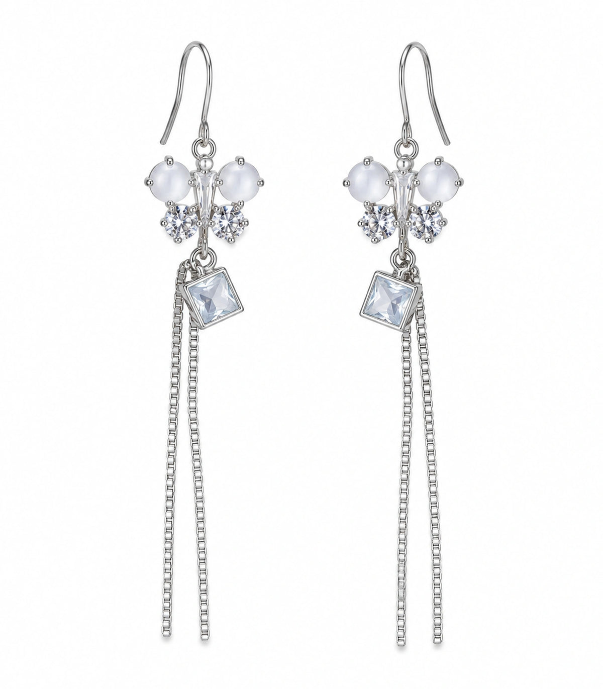 JIMIKI Silver Tone White Butterfly Square Chain Tassel Earring Pair in Silver-tone, white background product view