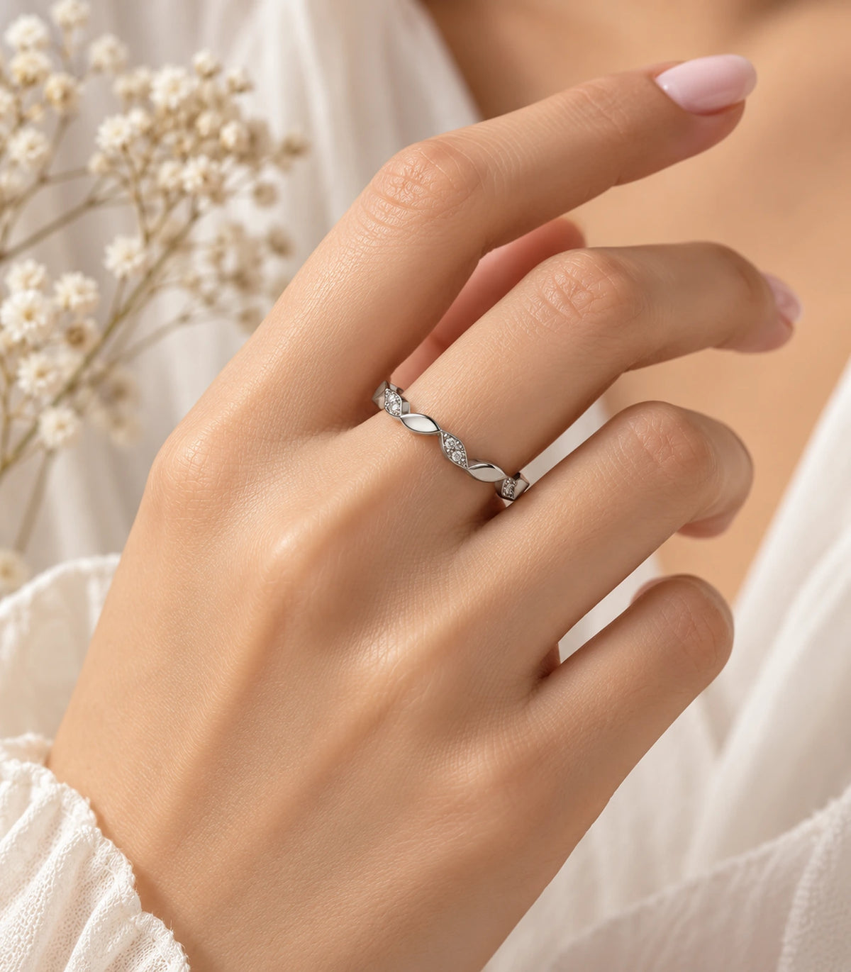 JIMIKI Twisted Leaf Crystal Adjustable Ring in Silver - editorial worn view #color_silver