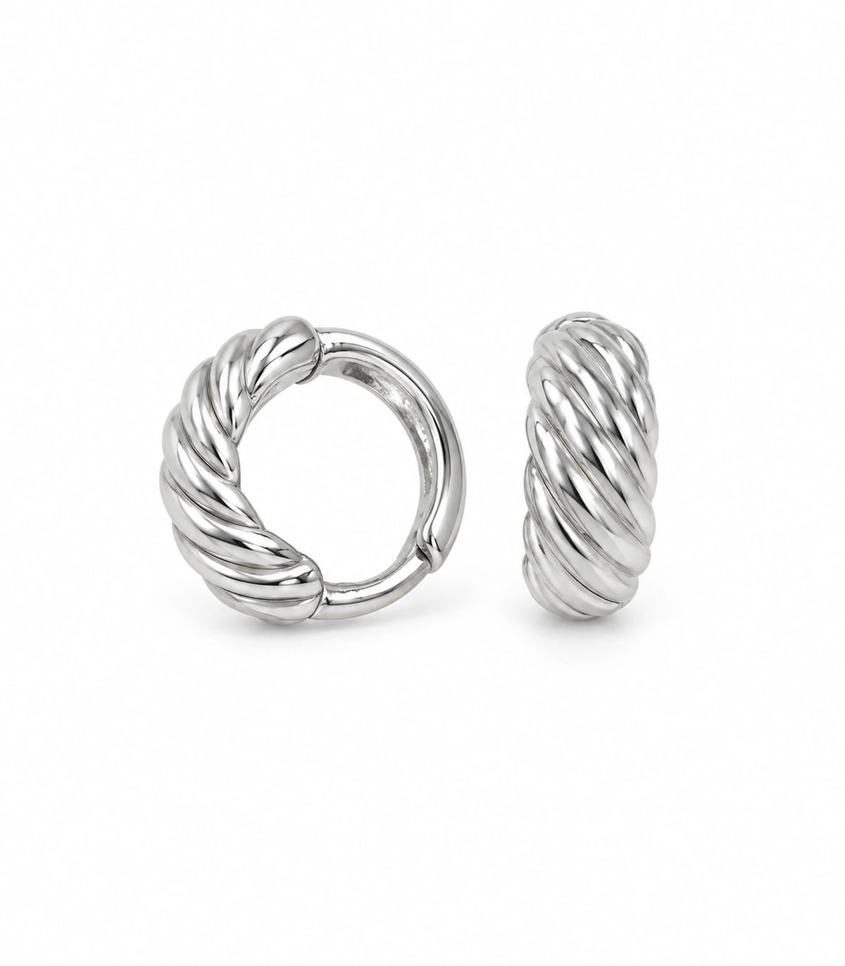 JIMIKI Twisted Rope Huggie Earrings in Silver — pair on white background #color_silver