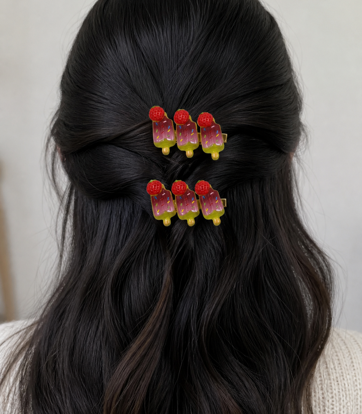 Strawberry Chocolate Pop Trio Clip Pair in a styled editorial view