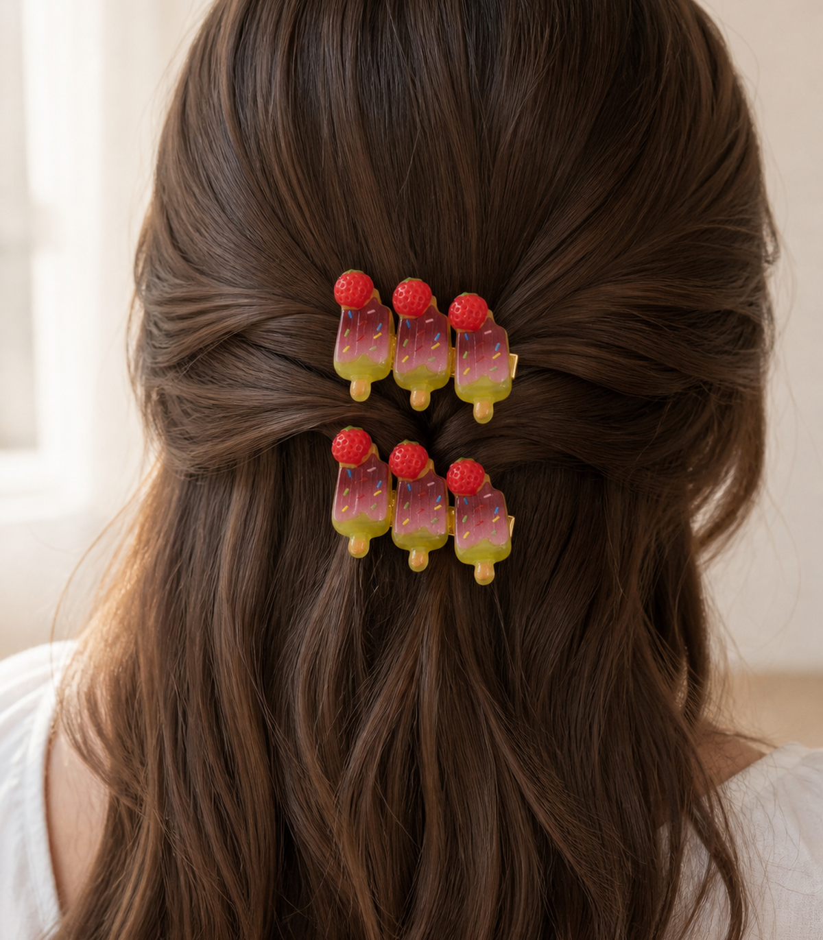 Strawberry Chocolate Pop Trio Clip Pair worn in hair