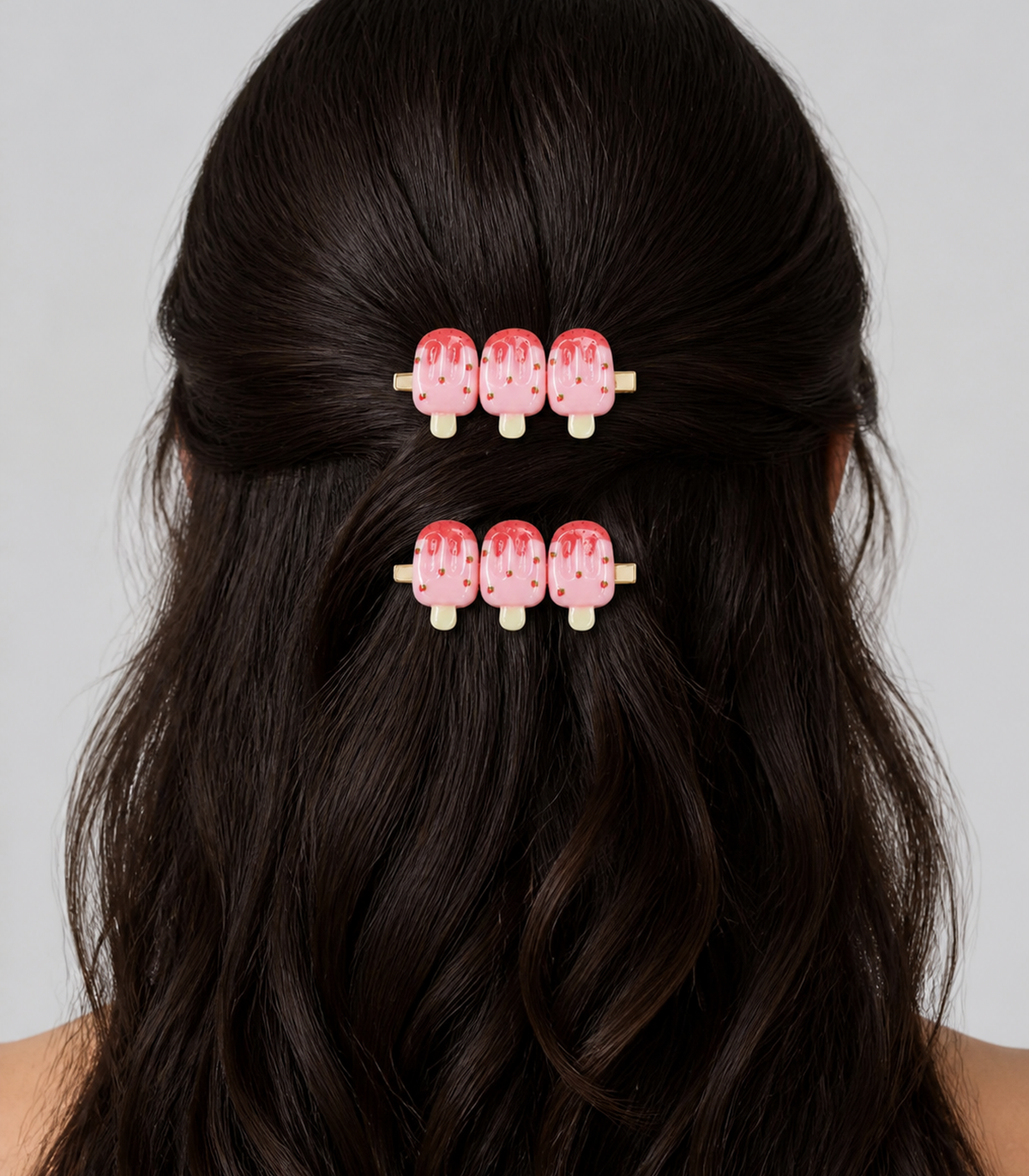 Strawberry Iced Pop Trio Clip Pair worn in hair