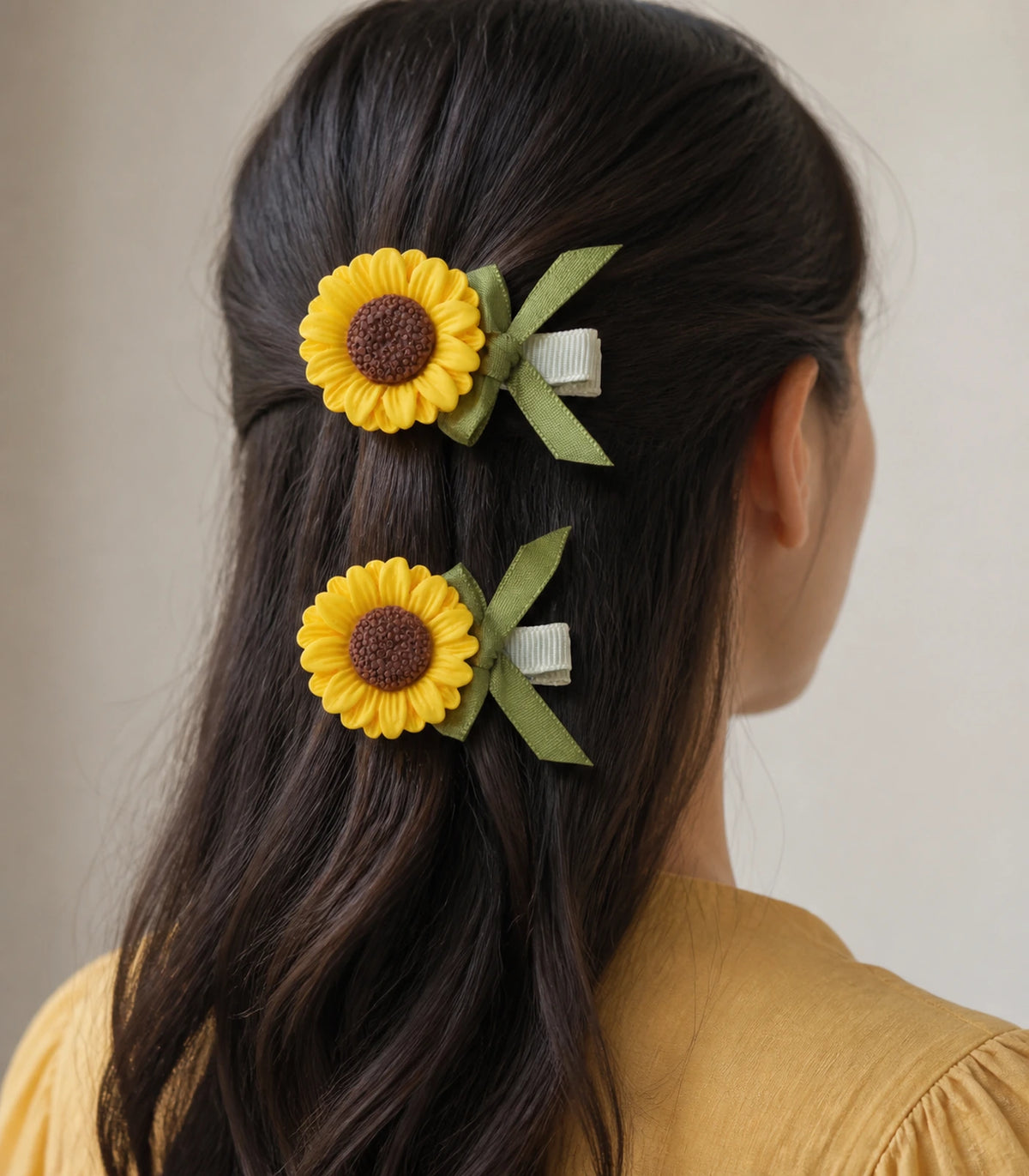 Editorial model view of the Sunflower Olive Ribbon Clip Pair