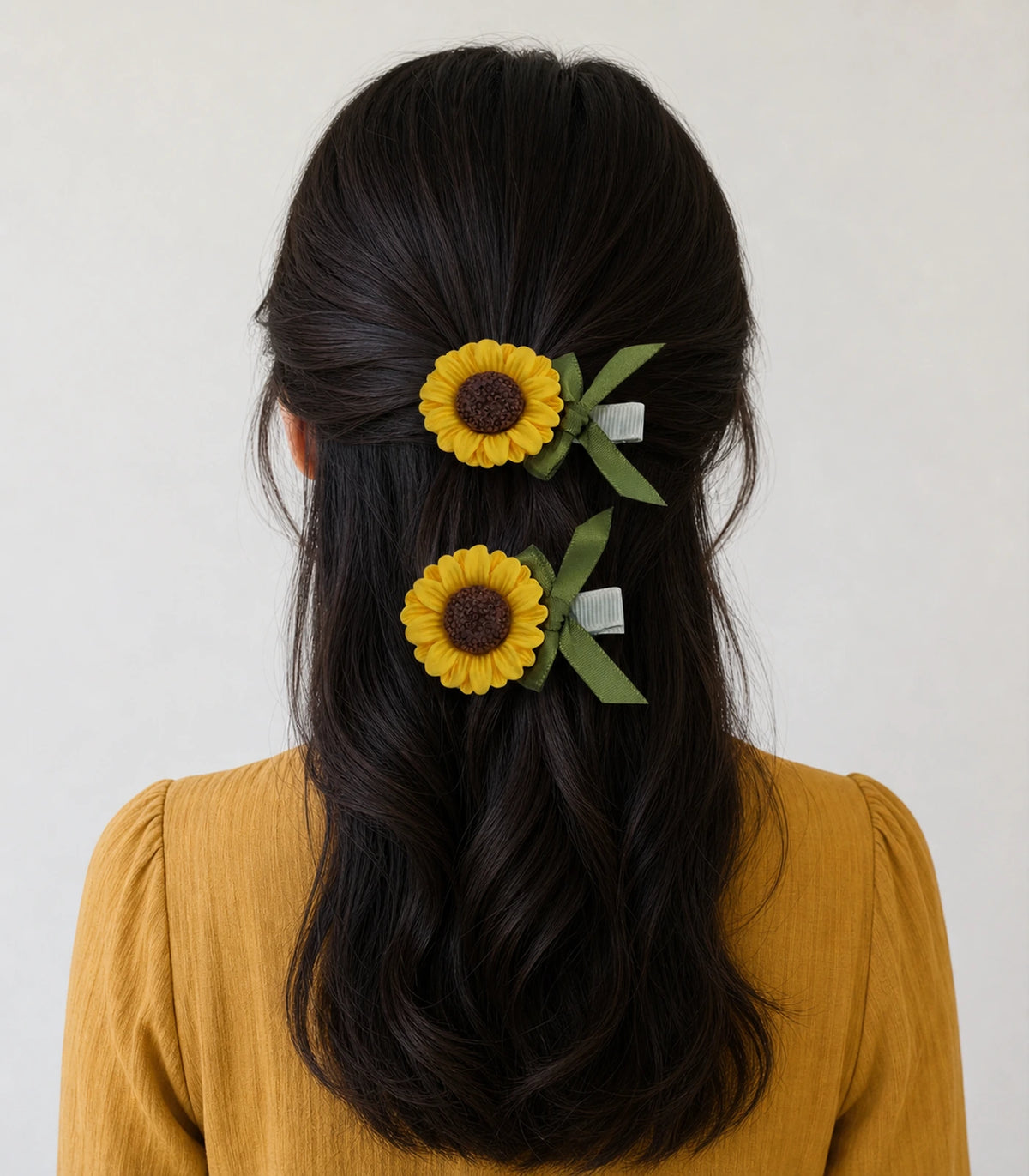 Model wearing the Sunflower Olive Ribbon Clip Pair