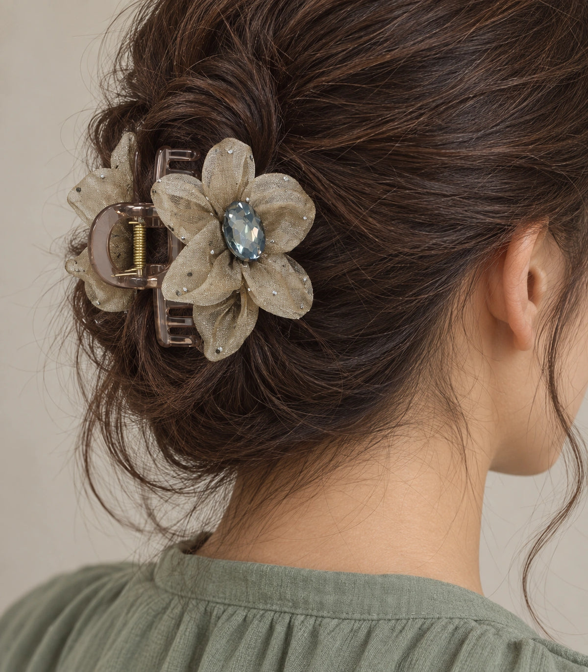 JIMIKI Organza Flower Crystal Hair Claw Clips in Taupe, close-up detail #color_taupe