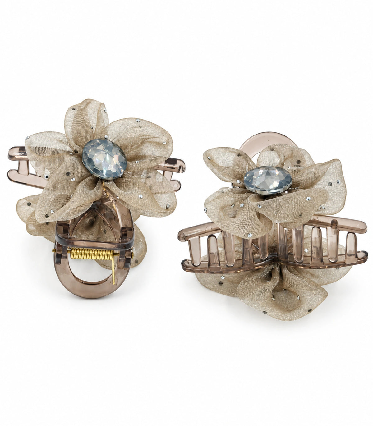 JIMIKI Organza Flower Crystal Hair Claw Clips in Taupe, white background product view #color_taupe