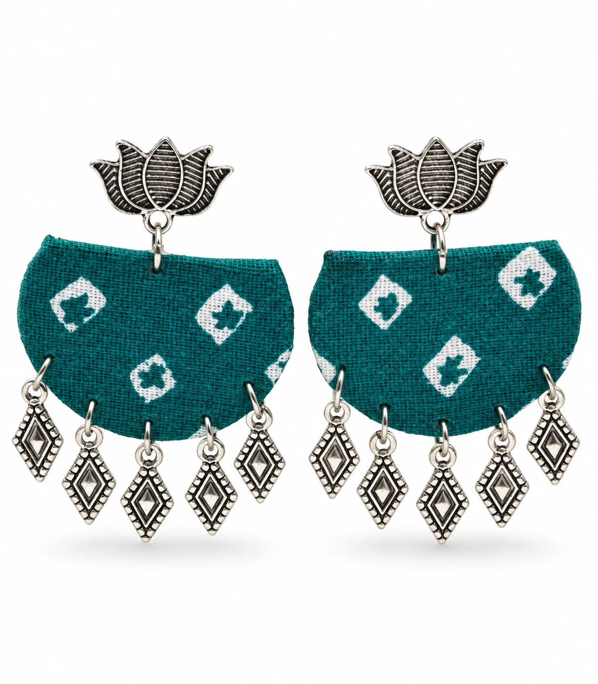 Teal fabric lotus earrings, complete pair with five diamond-shaped charms each