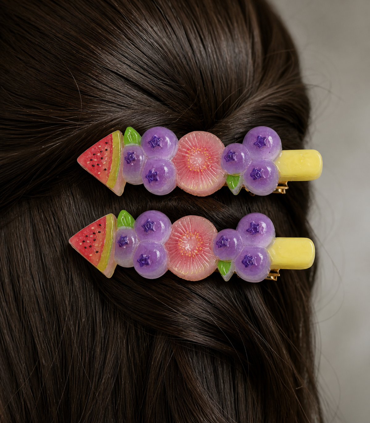 Watermelon Blueberry Citrus Barrette Pair in close-up detail