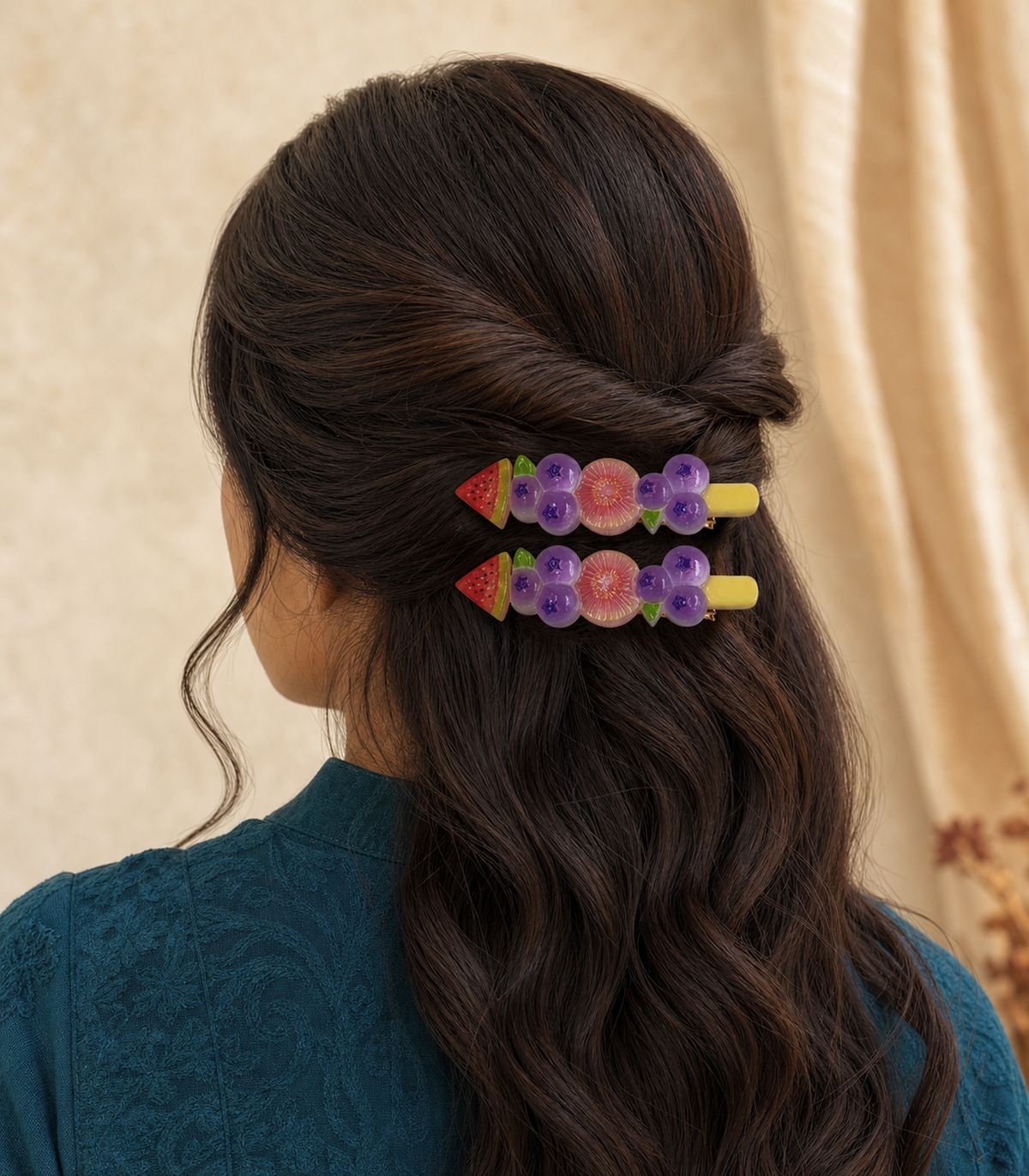 Watermelon Blueberry Citrus Barrette Pair in a styled editorial view