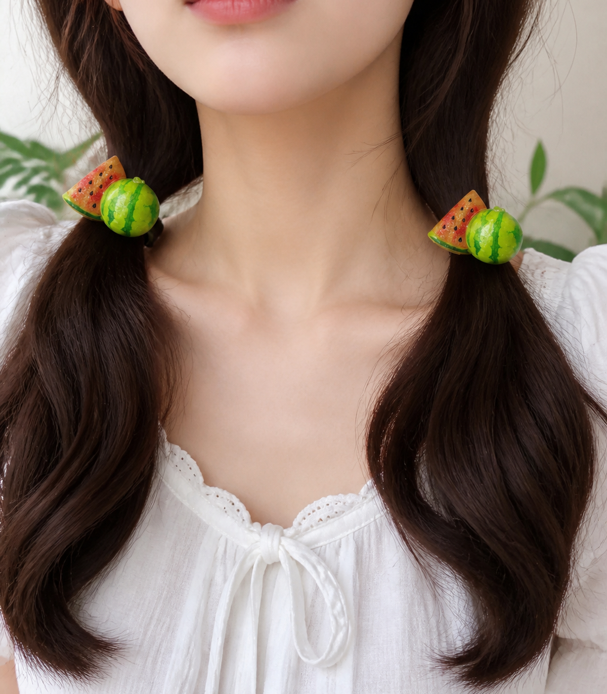 Watermelon Slice Barrette Pair worn in hair