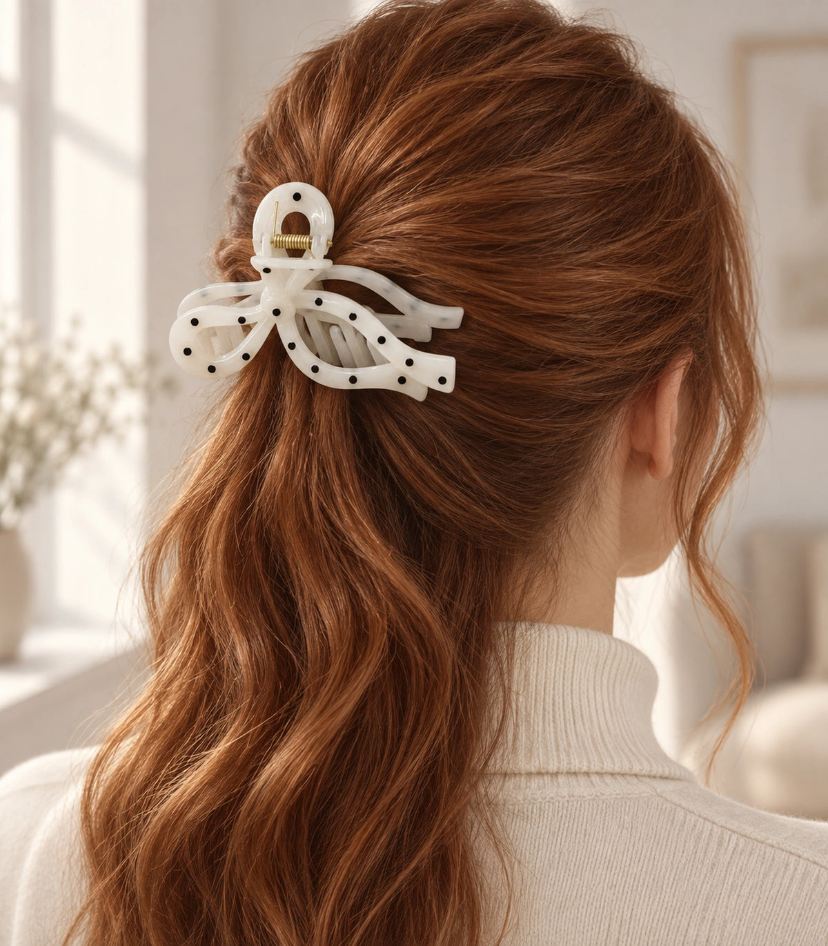 JIMIKI Polka Dot Openwork Bow Hair Claw Clips in White / Black, editorial model view #color_white / black