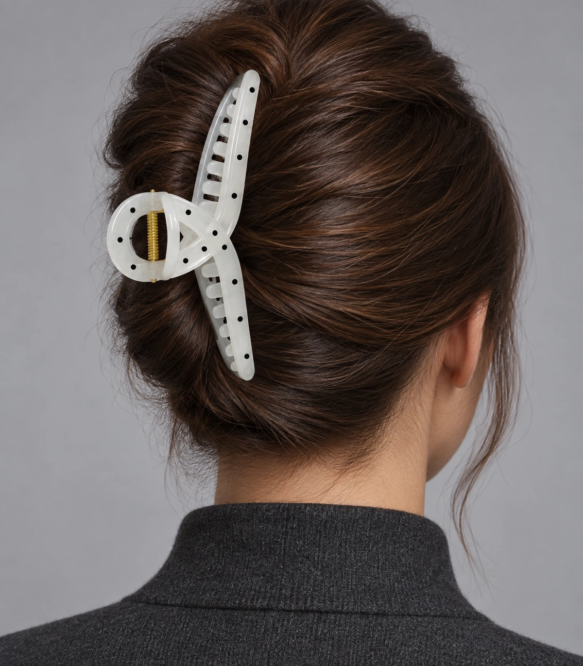 JIMIKI Polka Dot Slim Bow Hair Claw Clips in White / Black, model wearing view #color_white / black