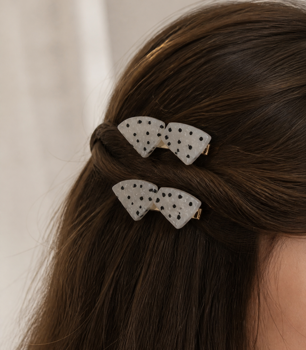 White Dragonfruit Double Wedge Clip Pair worn in hair