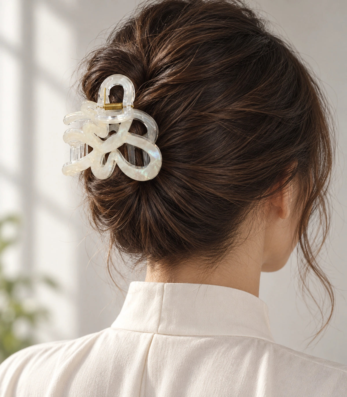 JIMIKI Iridescent Butterfly Hair Claw Clips in White, editorial model view #color_white
