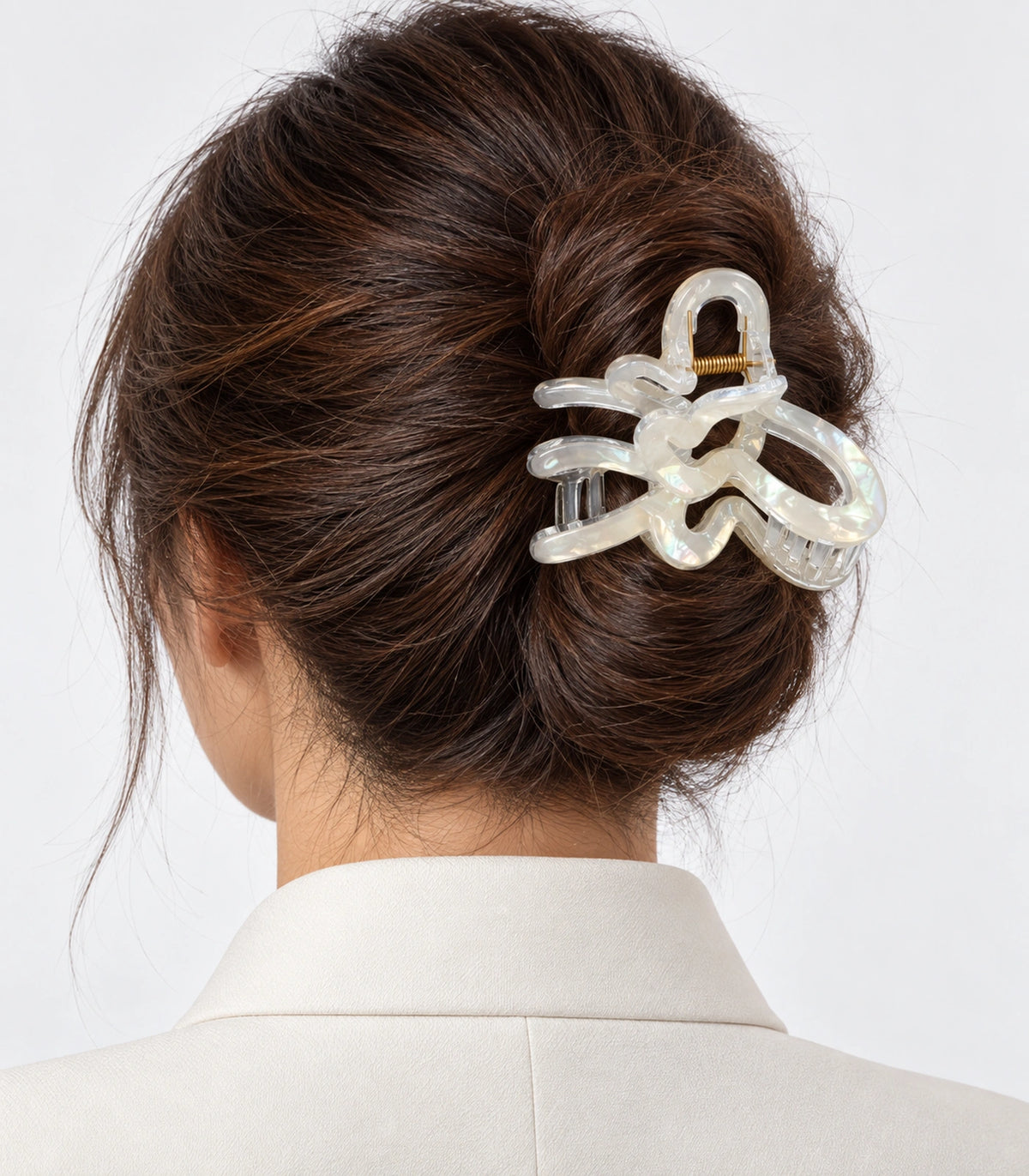 JIMIKI Iridescent Butterfly Hair Claw Clips in White, model wearing view #color_white