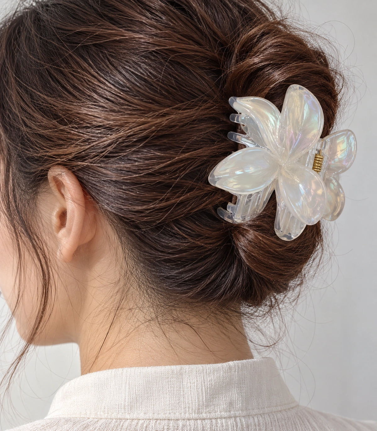 JIMIKI Iridescent Five Petal Flower Hair Claw Clips in White, close-up detail #color_white