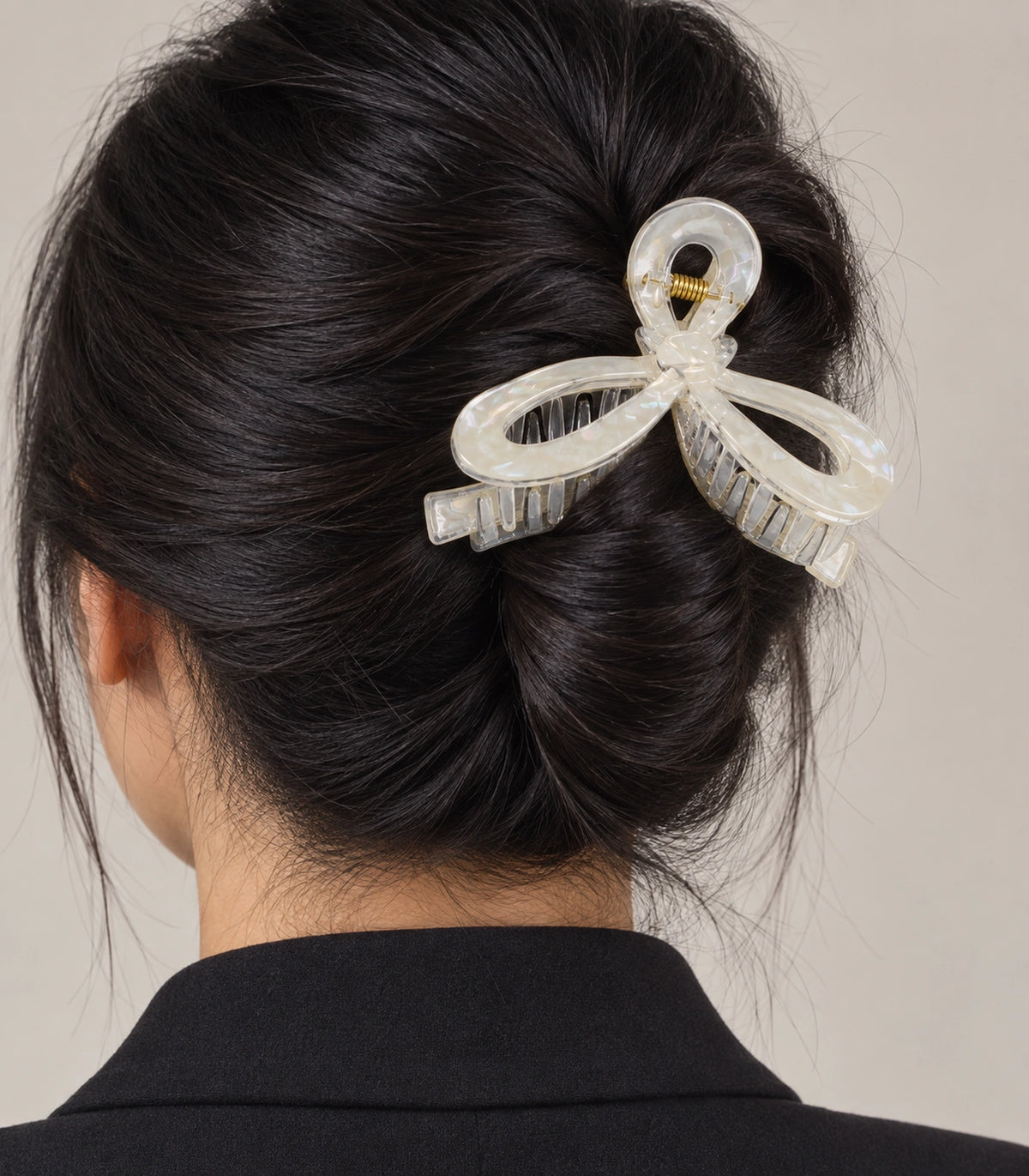 JIMIKI Iridescent Openwork Bow Hair Claw Clips in White, model wearing view #color_white