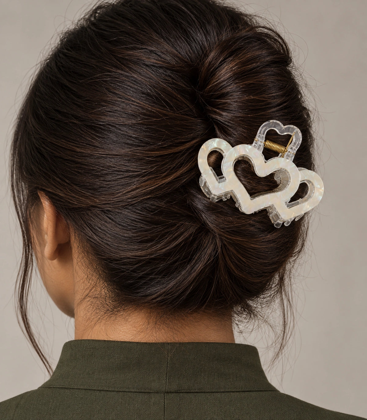 JIMIKI Triple Heart Hair Claw Clips in White, model wearing view #color_white