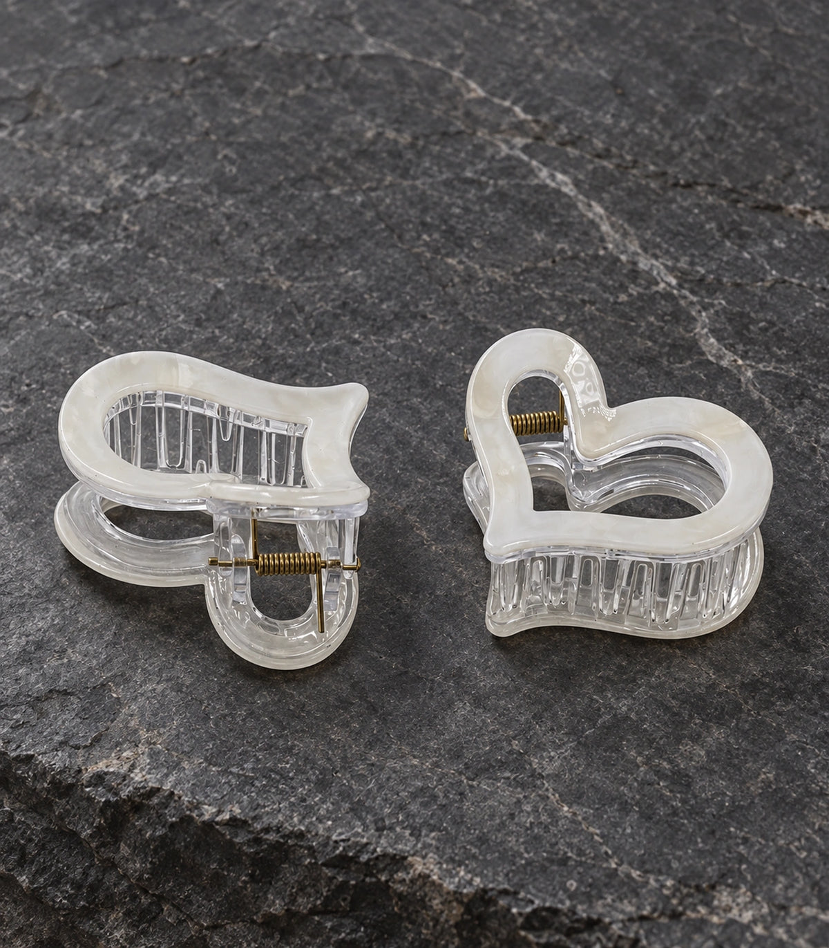 JIMIKI Marbled Heart Hair Claw Clips in White, editorial flat lay #color_white