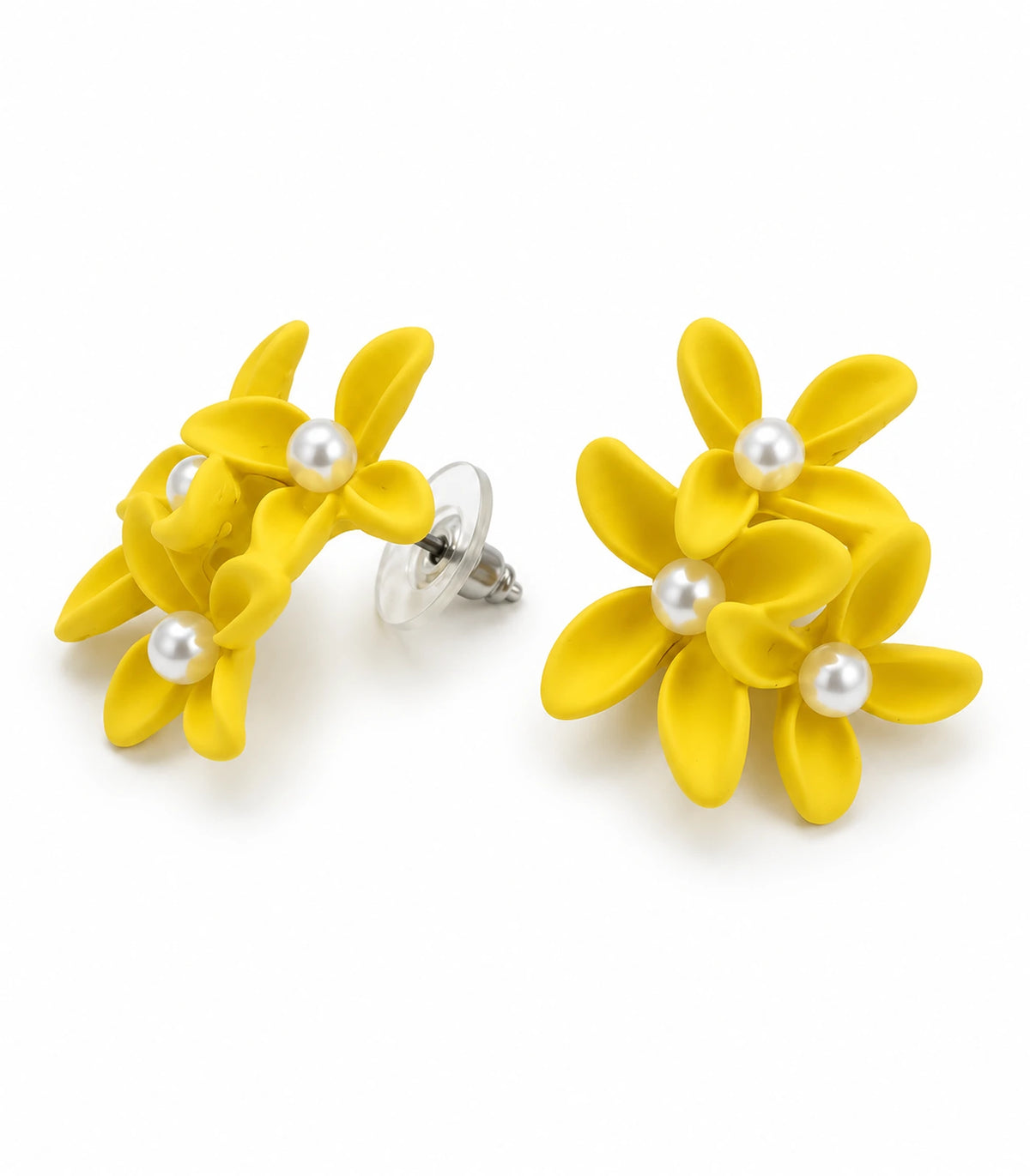 JIMIKI Yellow cascading floral cluster stud earrings, matching pair on a white background #color_yellow