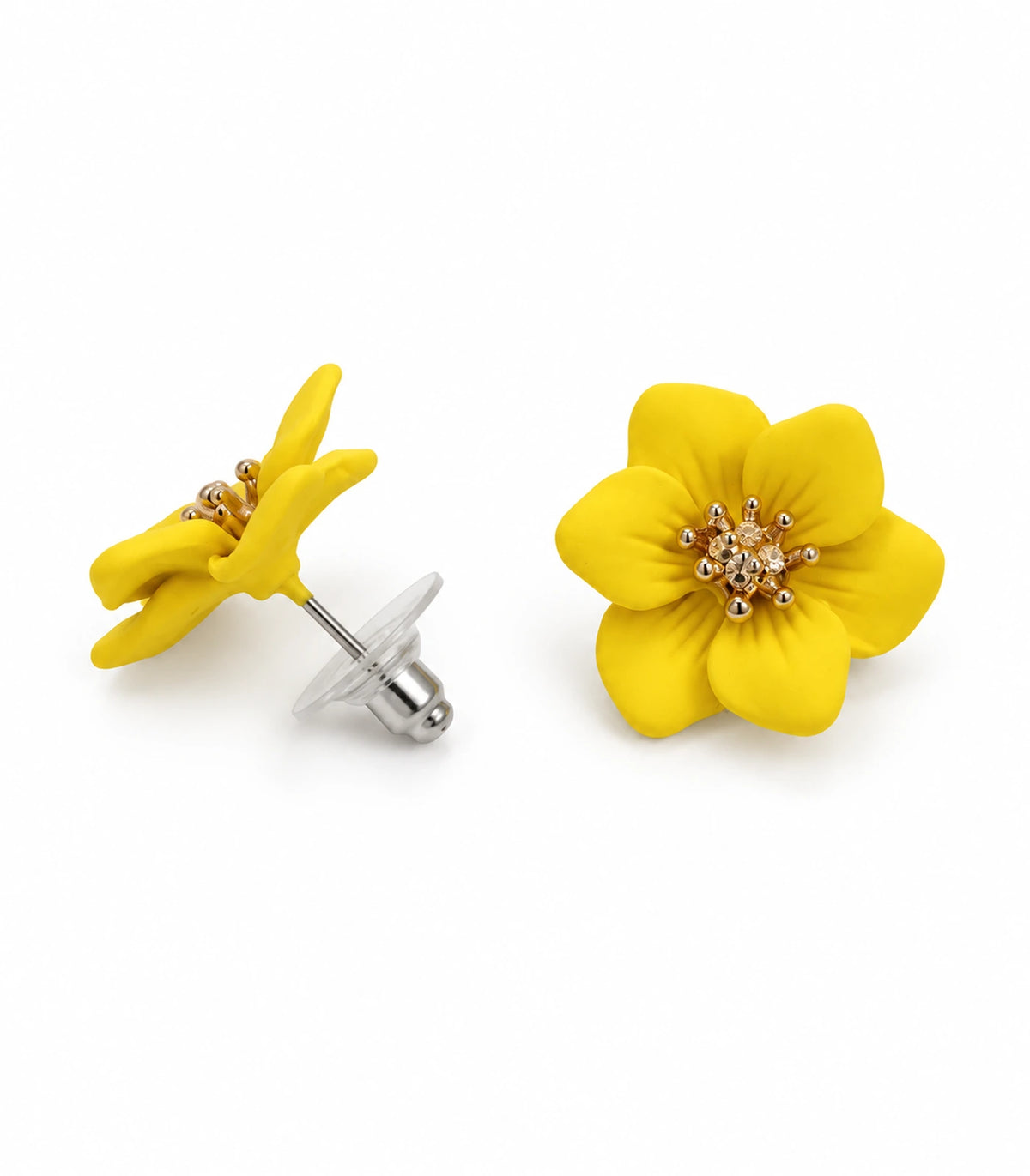 JIMIKI Yellow compact six petal flower stud earrings, matching pair on white background #color_yellow
